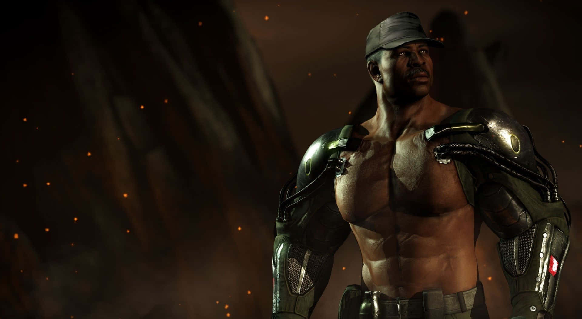 Mortal Kombat Jax 桌布 壁紙 — 一個肌肉發達的黑人男子穿著未來風格的盔甲和帽子，在煙霧繚繞的火熱背景下挑釁地站立。