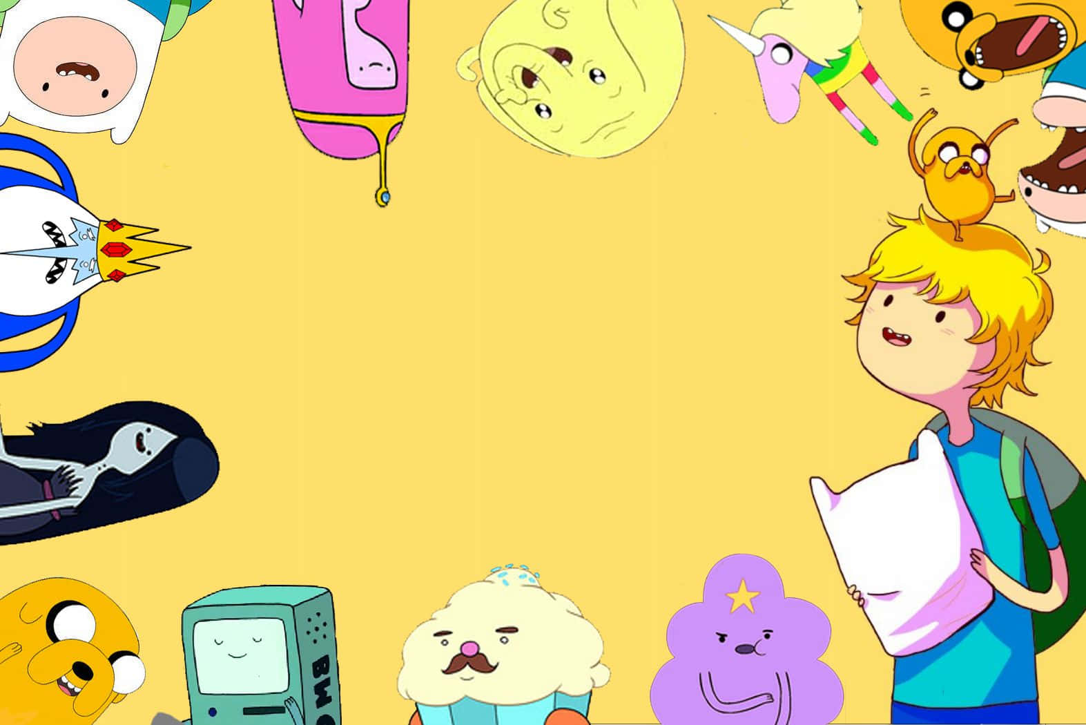 Animated Tv Series 桌布 壁紙 — 一個背著背包的開朗卡通男孩站在中央，周圍漂浮著動畫角色，背景為純黃色。