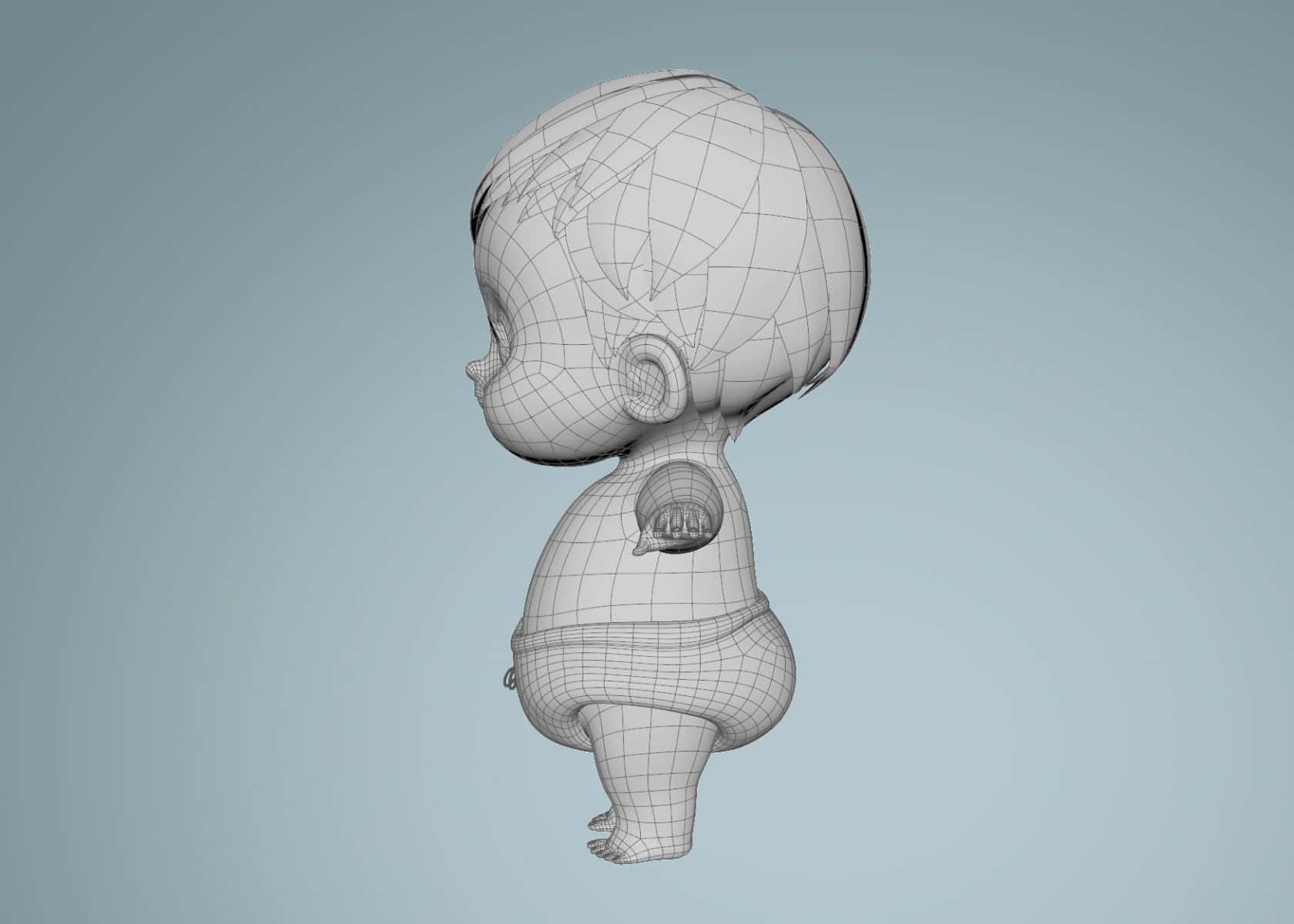 3d Modeling 桌布 壁紙 — 一個胖嘟嘟嬰兒娃娃的線框3D模型，側面展示在柔和的藍色背景上。