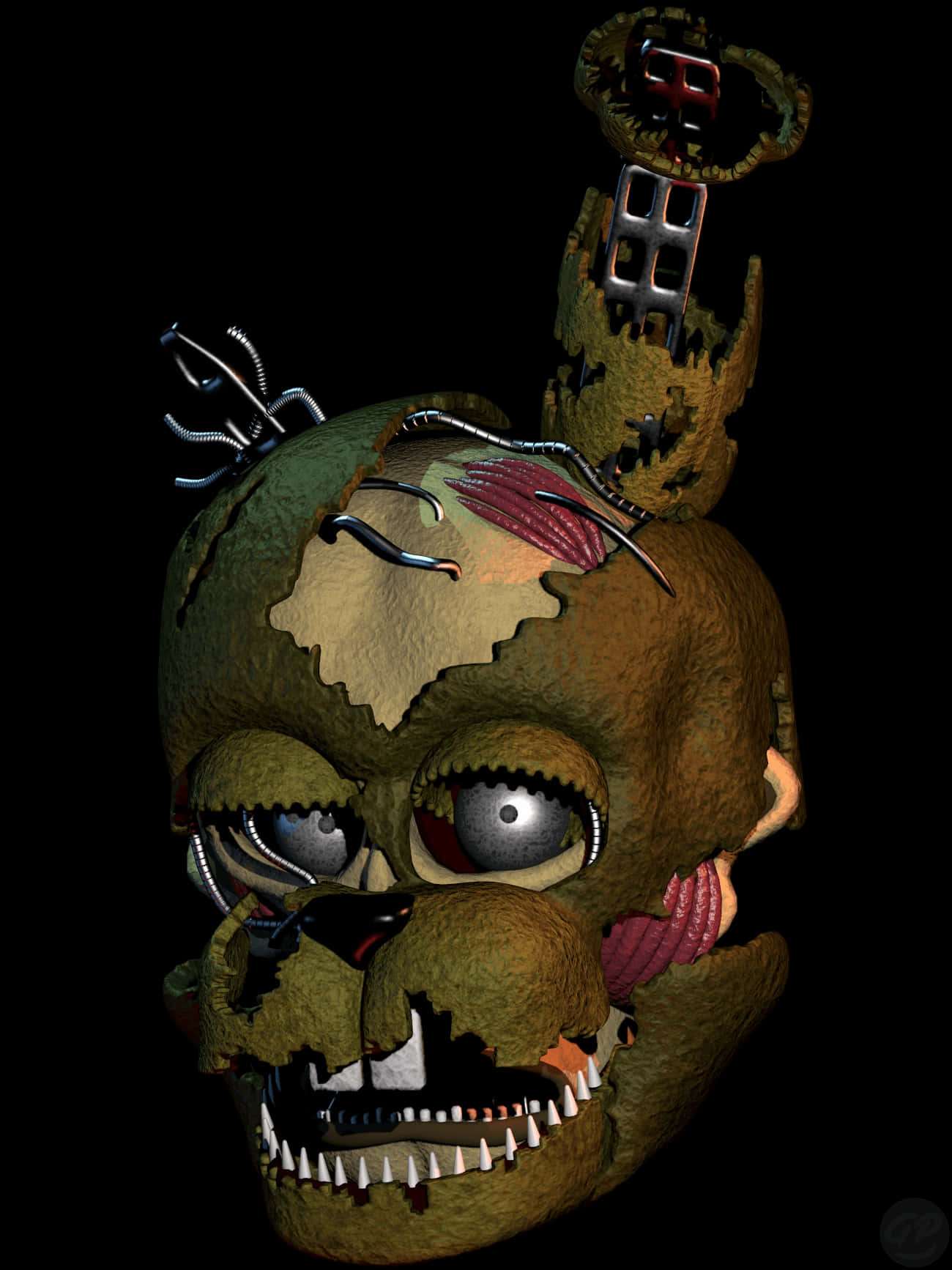 Scraptrap 桌布 壁紙 — 一個腐爛的機械熊頭，露出電線和牙齒，背景為黑色。