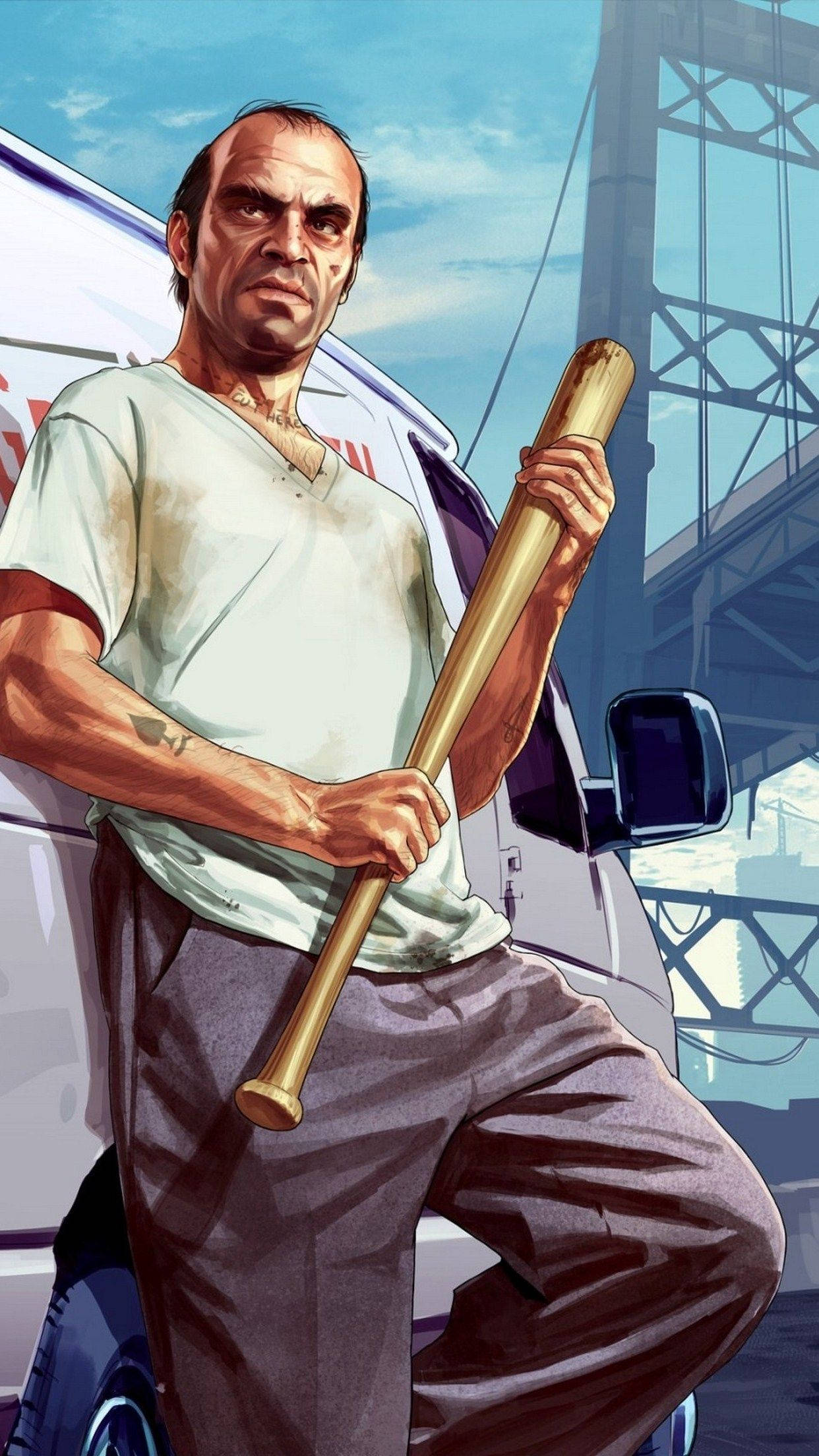 GTA iPhone Trevor 壁紙 — 一個臉上帶疤的粗獷插畫男人，在鋼橋下抓住一支棒球棍，旁邊有一輛貨車。