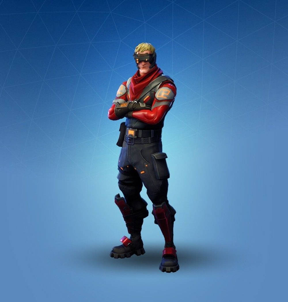 Fortnite 造型 桌布 壁紙 — 一個自信嘅Fortnite角色，身穿紅色同黑色裝備，企喺藍色幾何背景前交叉雙臂。