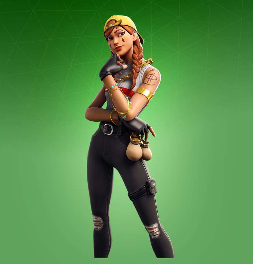 Fortnite Battle Royale Aura Skin 壁紙 — 一個自信嘅Fortnite角色，紮住辮子同戴住金色飾物，喺綠色漸變背景前擺甫士。