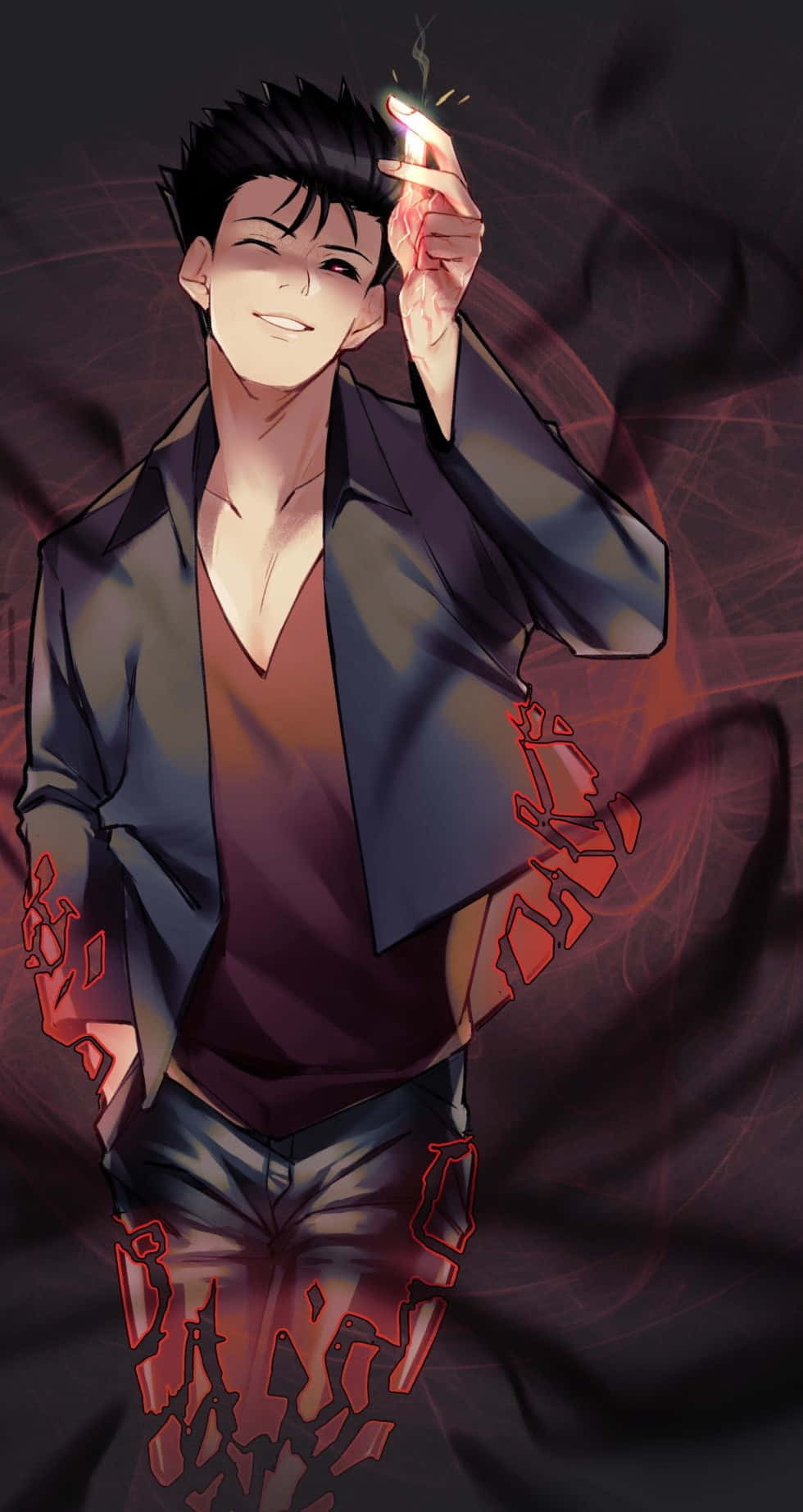 Ryo Shimazaki 桌布 壁紙 — 一個自信嘅動漫男人，頭髮尖尖，喺黑暗旋轉嘅紅色背景前，拎住一支點着嘅煙，露出冷笑。