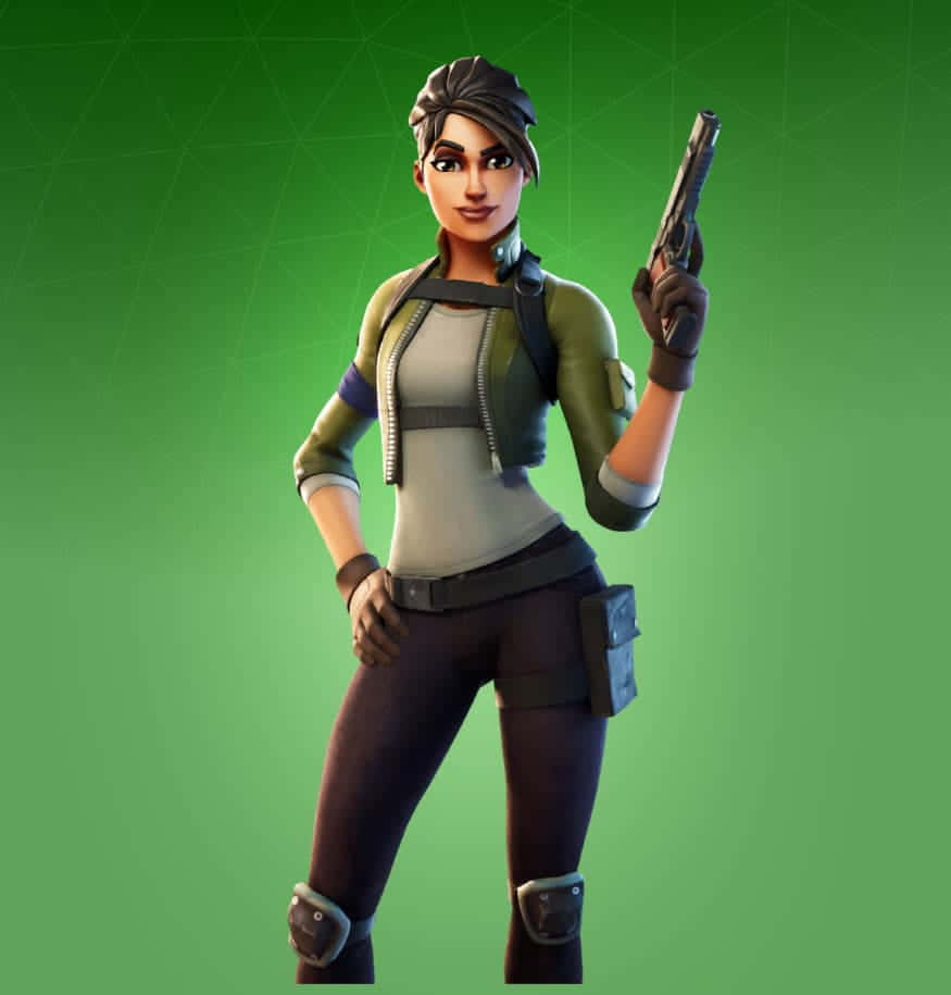 Ramirez Fortnite 桌布 壁紙 — 一個自信嘅女性 Fortnite 角色穿著戰術裝備，喺發光綠色網格背景前揸住一把手槍。