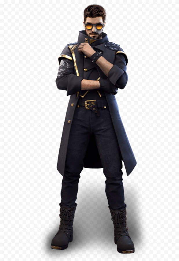free fire 4K 桌布 壁紙 — 一個自信嘅男人，著住黑色金邊 trench coat 同太陽眼鏡，企喺格仔背景前面。