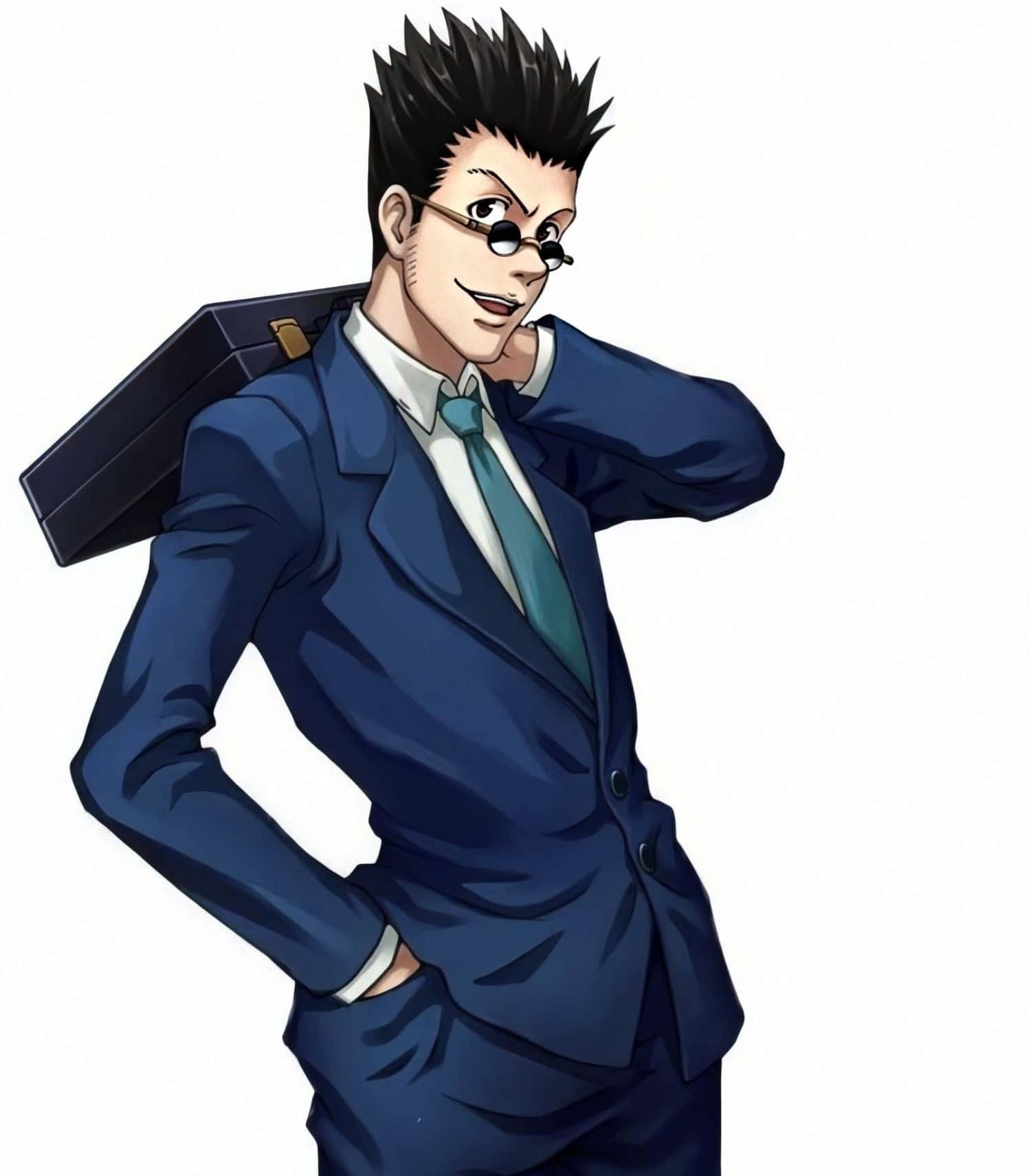Leorio Paradinight 桌布 壁紙 — 一個自信滿滿的動漫男子，身穿藍色西裝戴眼鏡，肩上扛著公事包，露出得意的笑容。