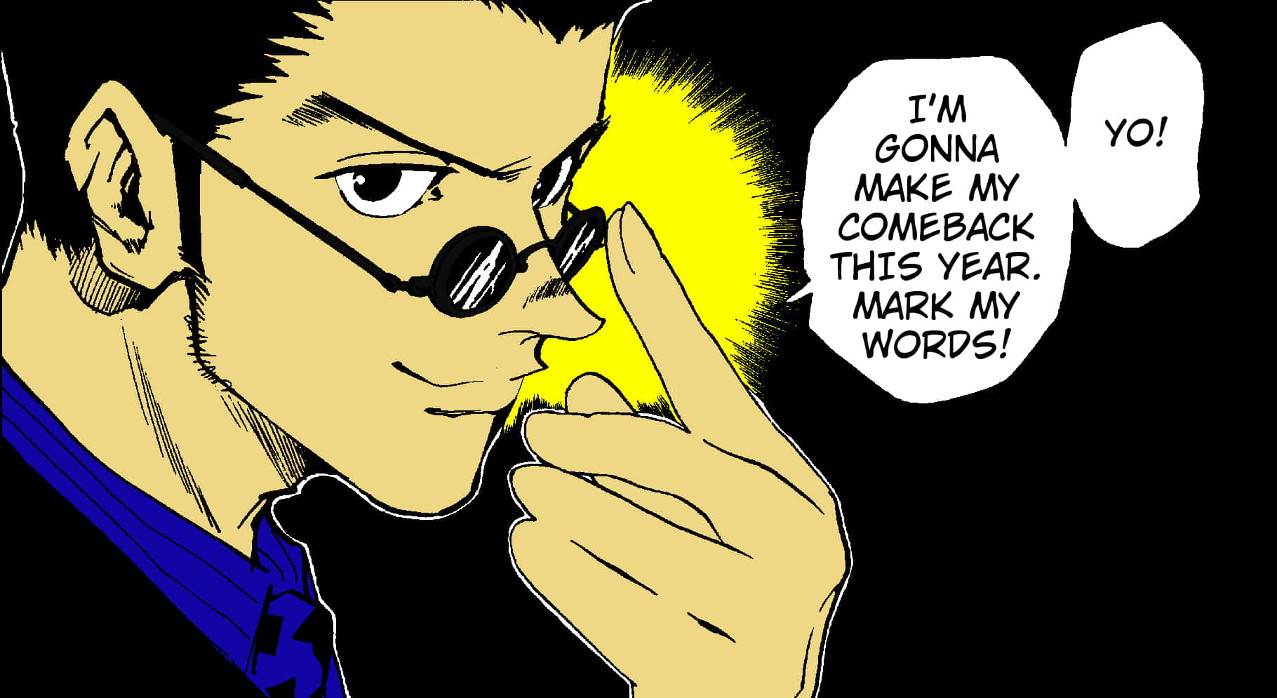 Leorio Paradinight 桌布 壁紙 — 一個自信滿滿的動漫男子戴著圓形太陽眼鏡，咧嘴一笑調整眼鏡，身後爆發出明亮的黃光。