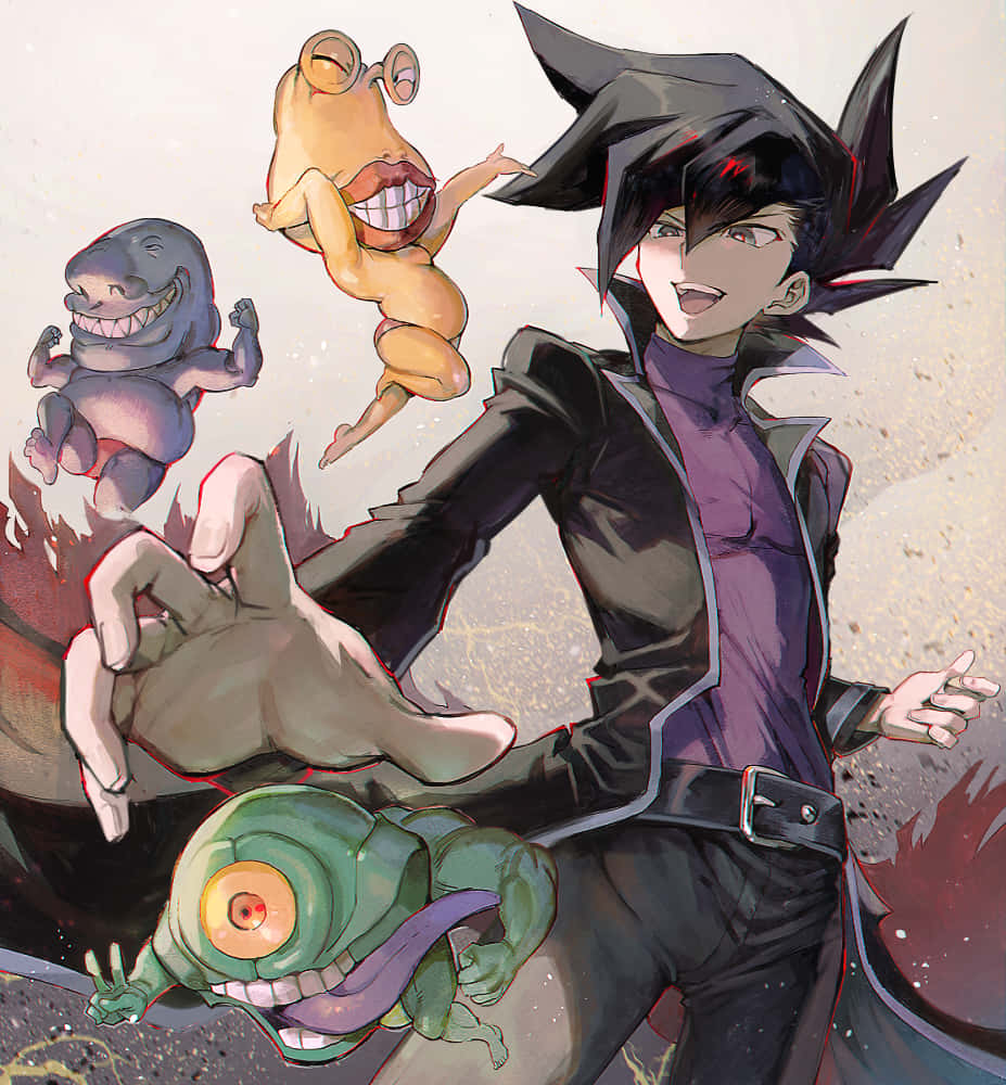 Chazz Princeton 桌布 壁紙 — 一個自信滿滿的動漫角色，擁有尖刺般的黑色頭髮，被三個頑皮微笑的怪物同伴包圍，擺出充滿動感的姿勢。