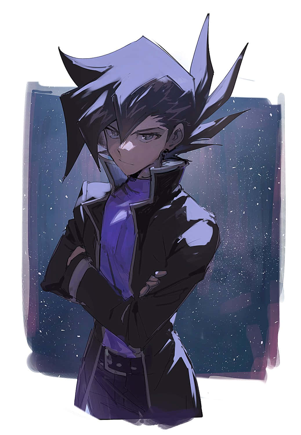 Chazz Princeton 桌布 壁紙 — 一個自信滿滿的動漫角色，擁有尖刺紫色頭髮和冷笑，站在星光宇宙背景前。