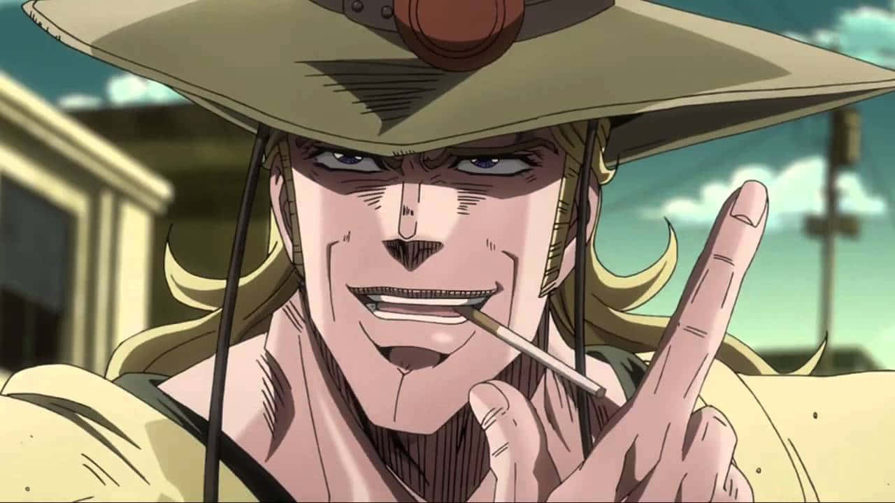Hol Horse 桌布 壁紙 — 一個自信滿滿的金髮寬邊帽動漫男子，叼著煙並比出和平手勢，露出得意的笑容。