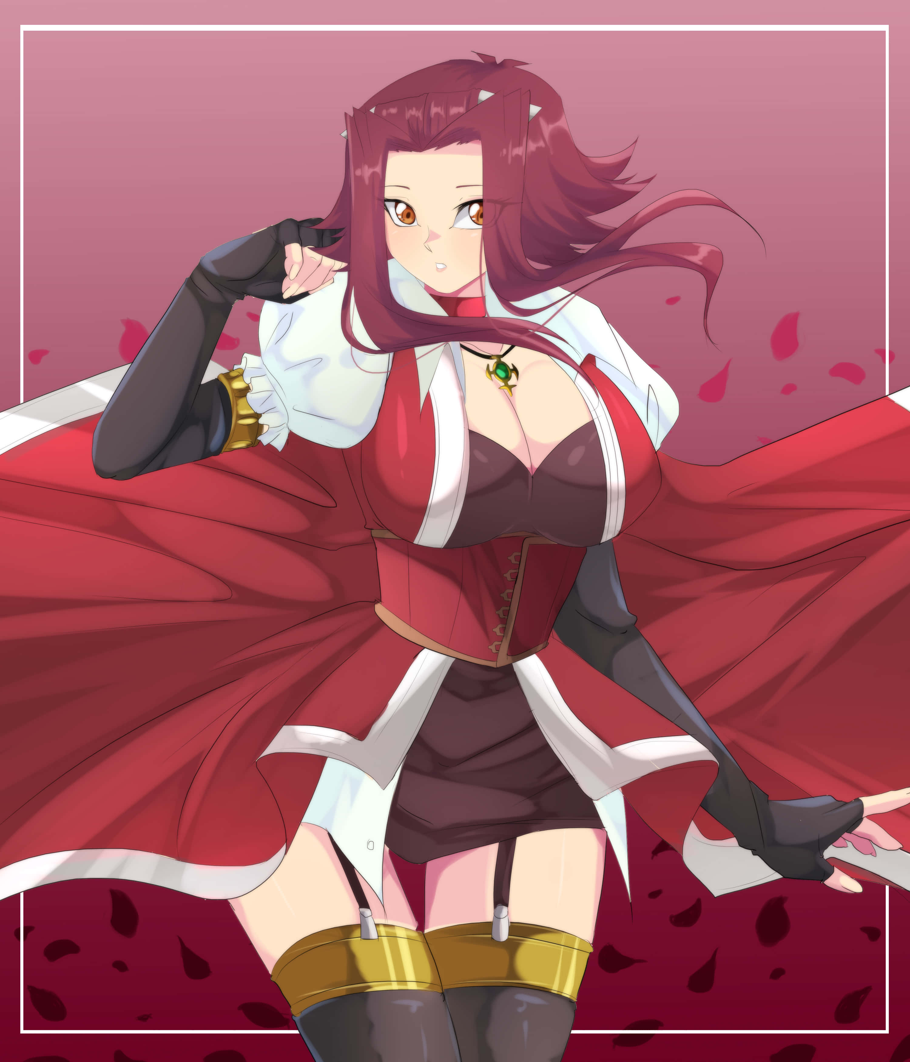 Akiza Izinski 桌布 壁紙 — 一個自信的動漫女孩，擁有飄逸的紅髮和戲劇性的紅色斗篷，在粉紅色背景前擺姿勢，花瓣飄落。