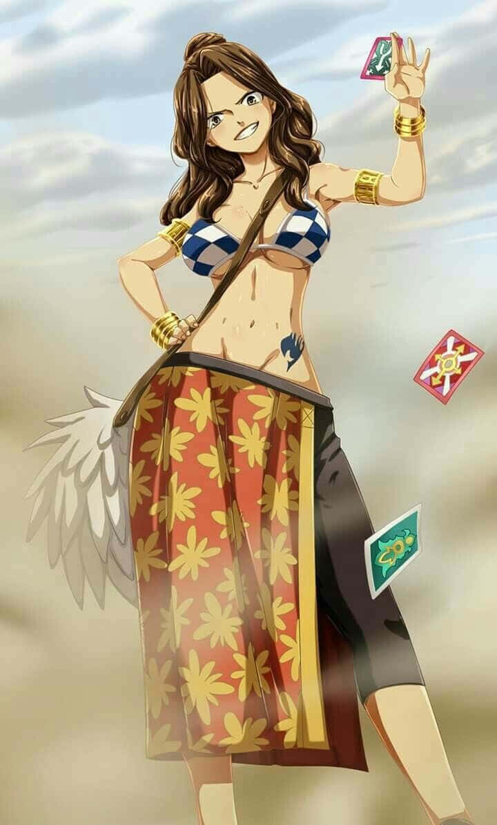 Cana Alberona 桌布 壁紙 — 一個自信的動漫女孩，棕色頭髮，藍色格子上衣，在陰天揮舞著法杖和漂浮的卡片。
