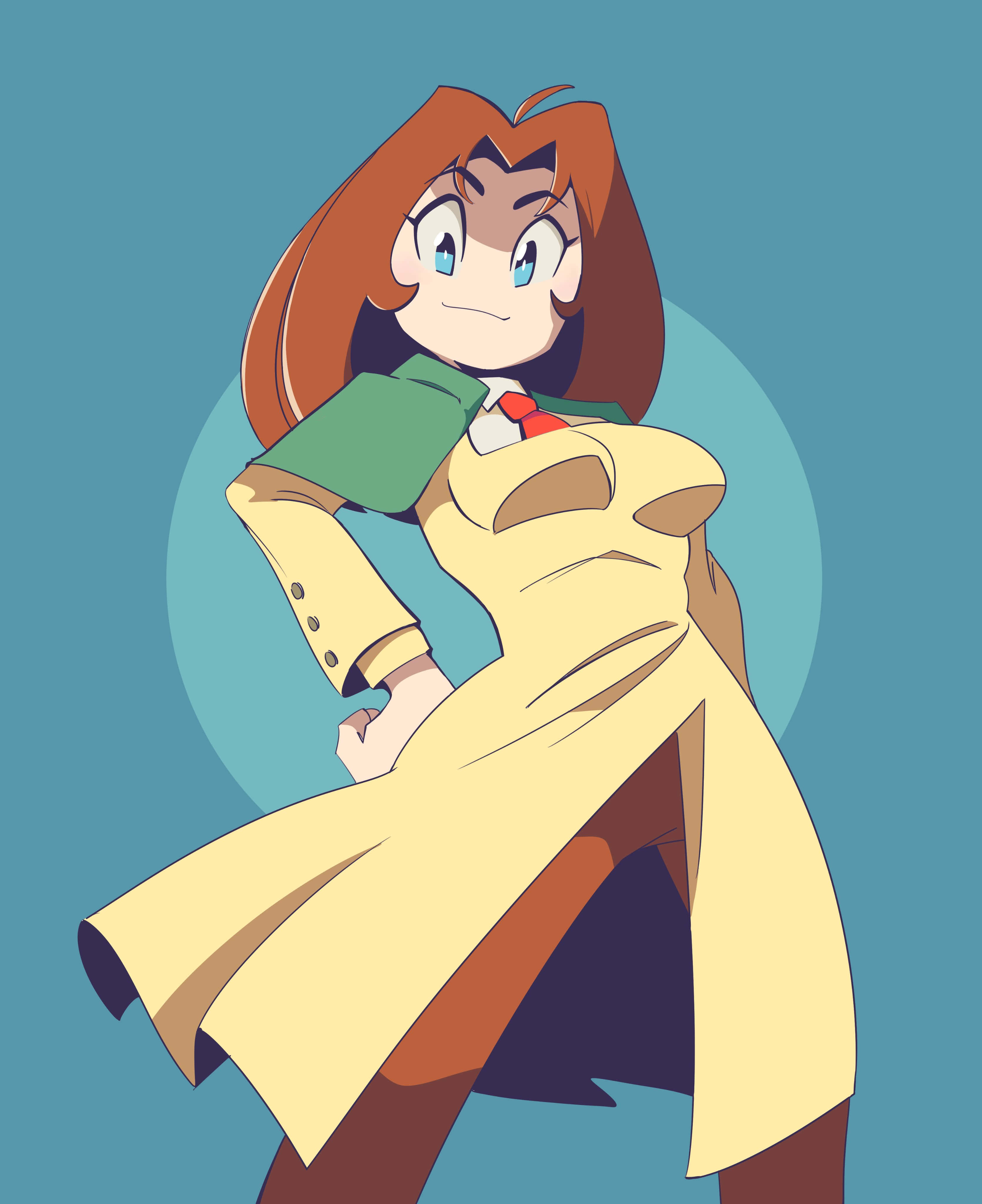 Milly Thompson 桌布 壁紙 — 一個自信的動漫女孩，棕色頭髮，藍色眼睛，穿著黃色風衣，內搭綠色襯衫和紅色領帶，背景為青綠色。