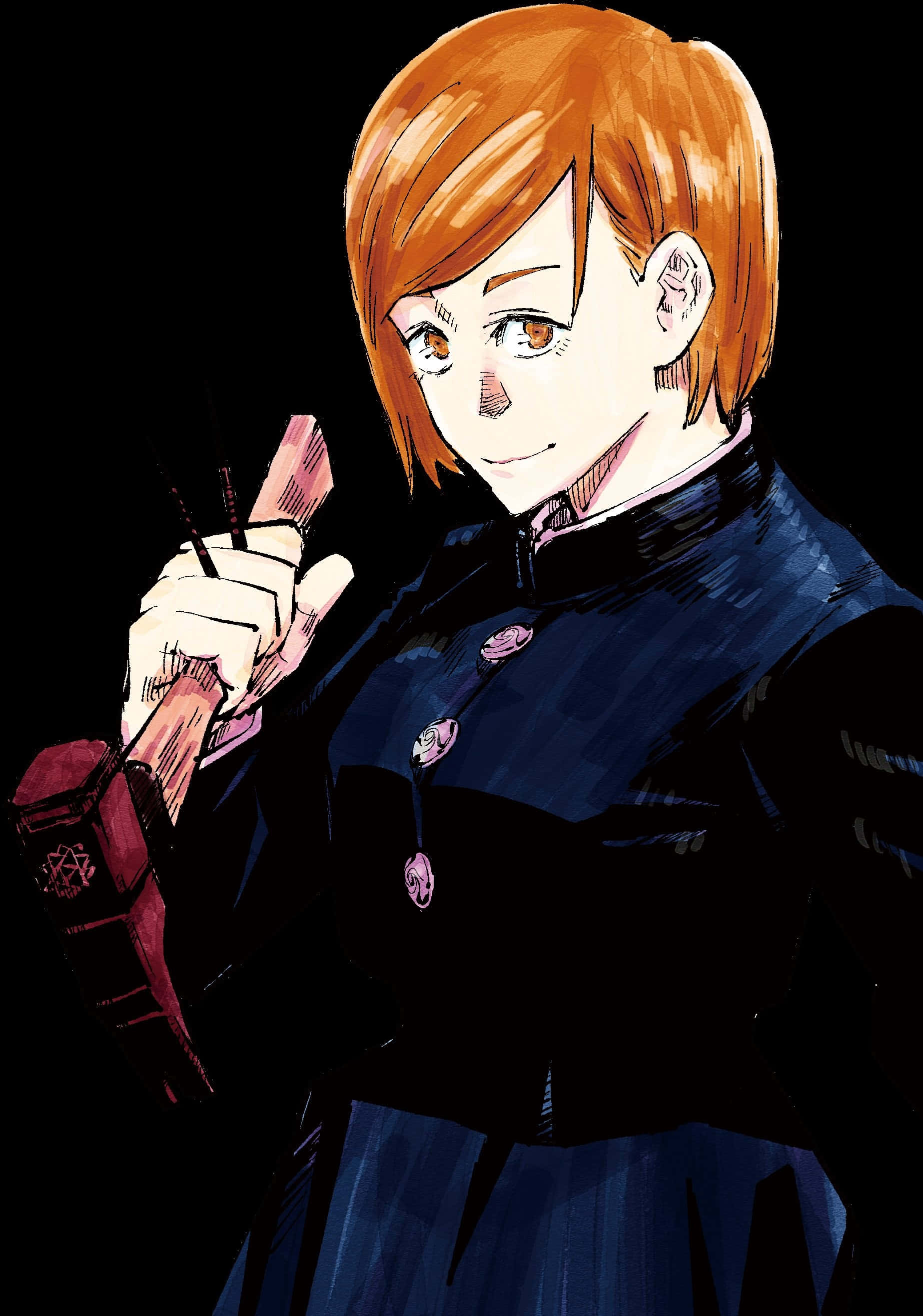 Nobara Kugisaki 桌布 壁紙 — 一個自信的動漫女孩，橙色頭髮，穿著深色制服，在黑色背景前拿著一本紅色封面的書。