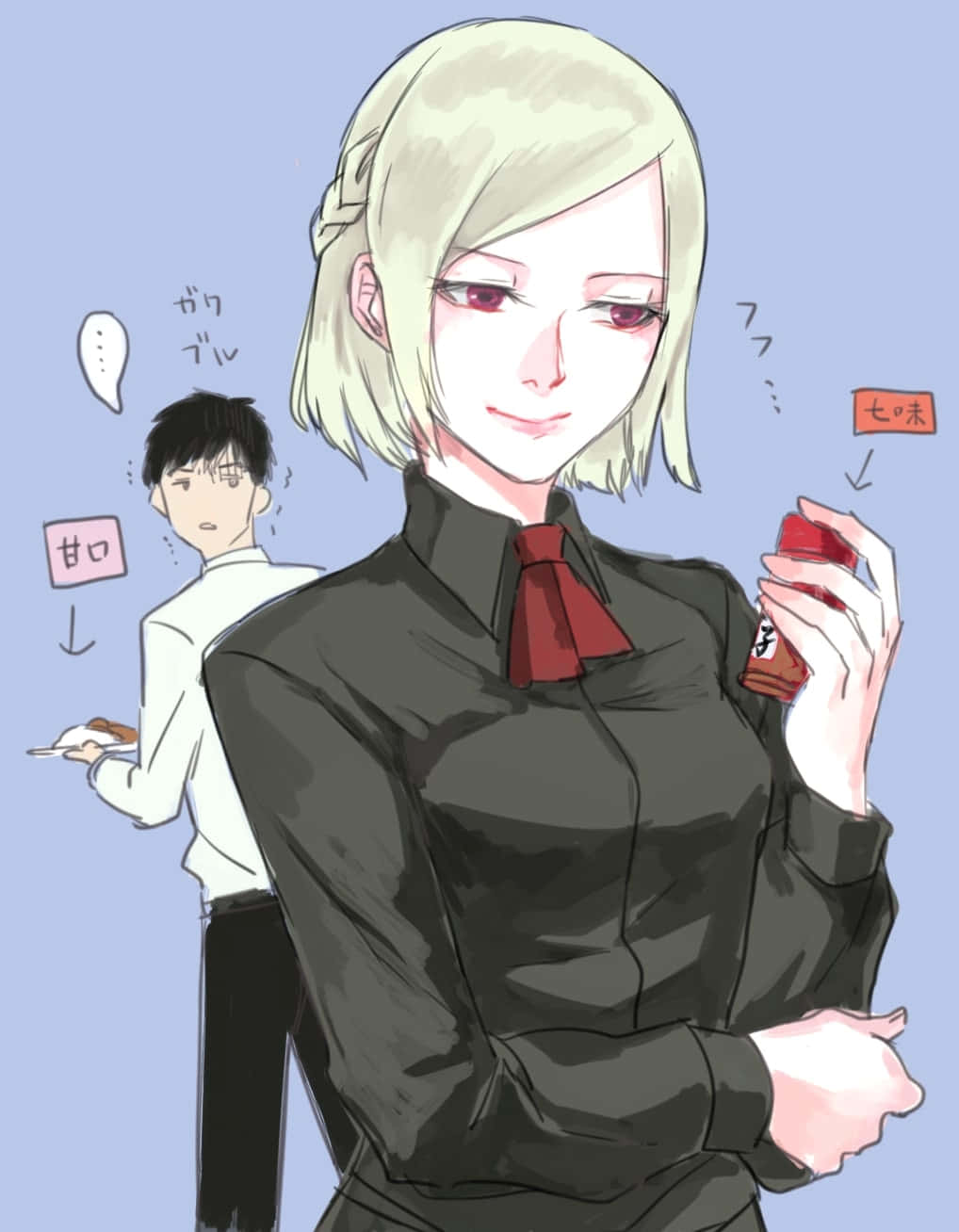 Akira Mado 桌布 壁紙 — 一個自信的動漫女孩，短金髮紅眼，拿著一瓶七味調味料，身後站著一個慌亂的男孩。