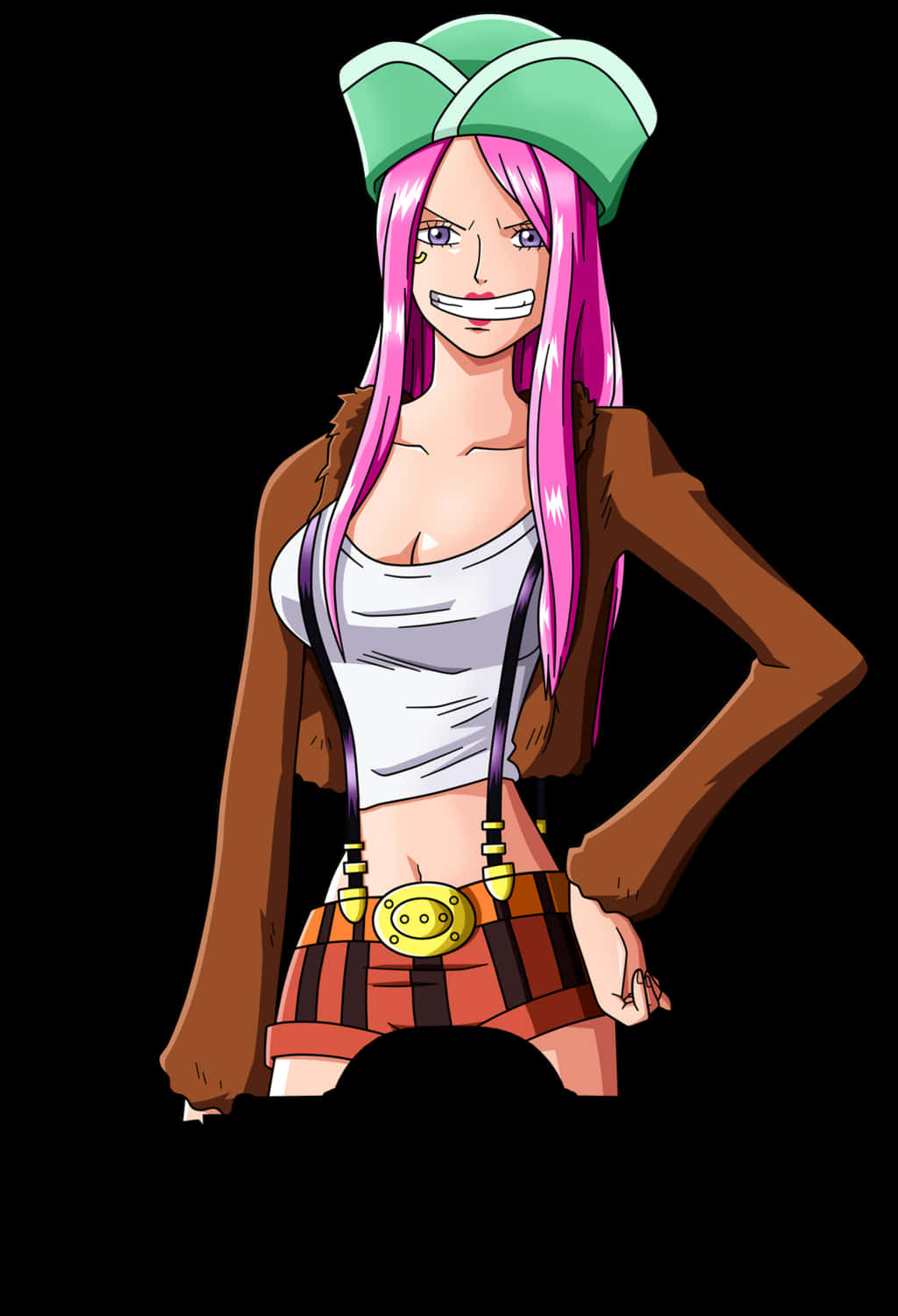 Jewelry Bonney 桌布 壁紙 — 一個自信的動漫女孩，粉紅色頭髮和綠色帽子，站在黑色背景前，穿著棕色外套和條紋短褲。