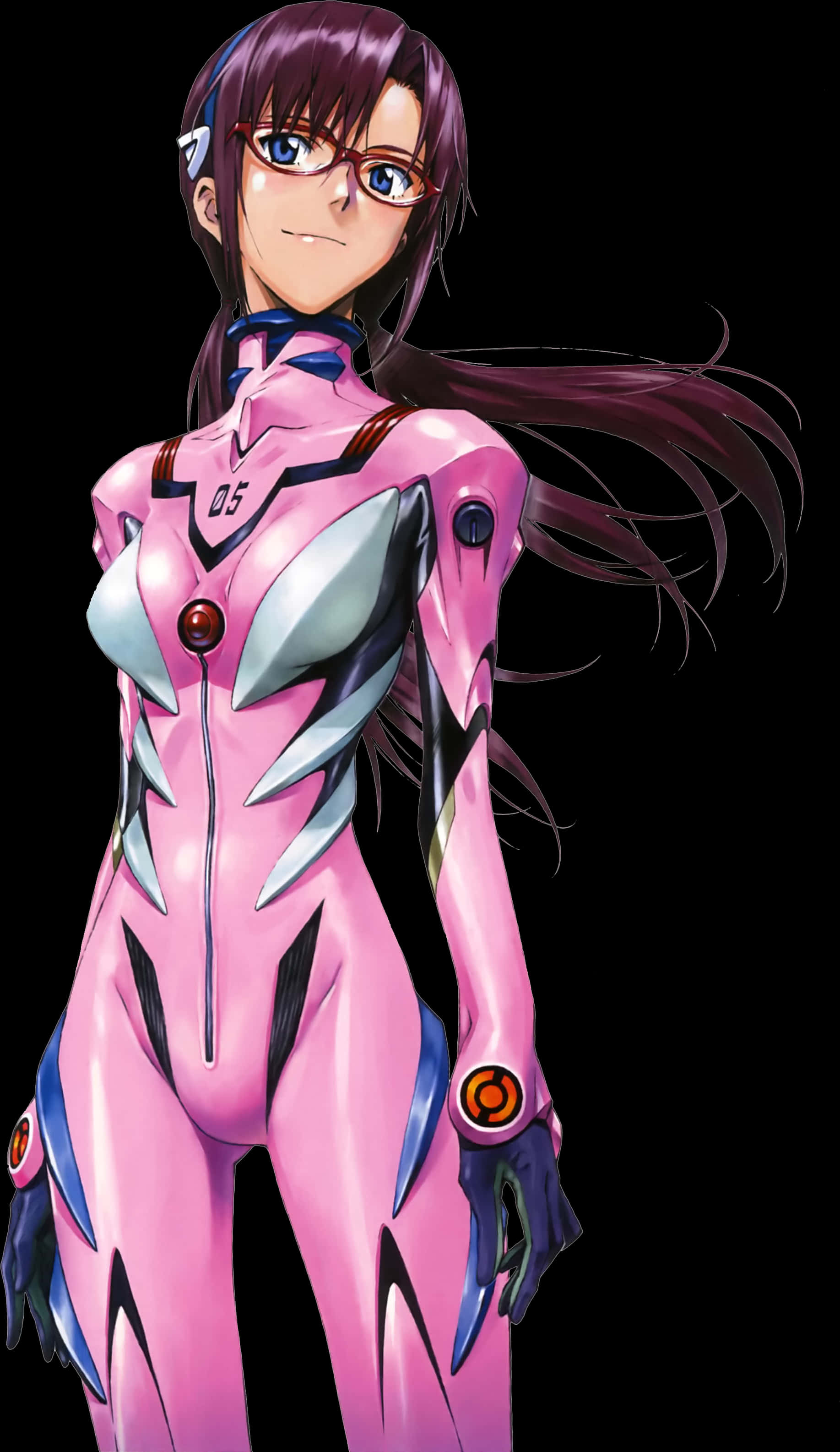 Mari Illustrious Makinami 桌布 壁紙 — 一個自信的動漫女孩，紫色頭髮戴眼鏡，穿著粉紅色和銀色的未來主義套裝，背景為黑色。