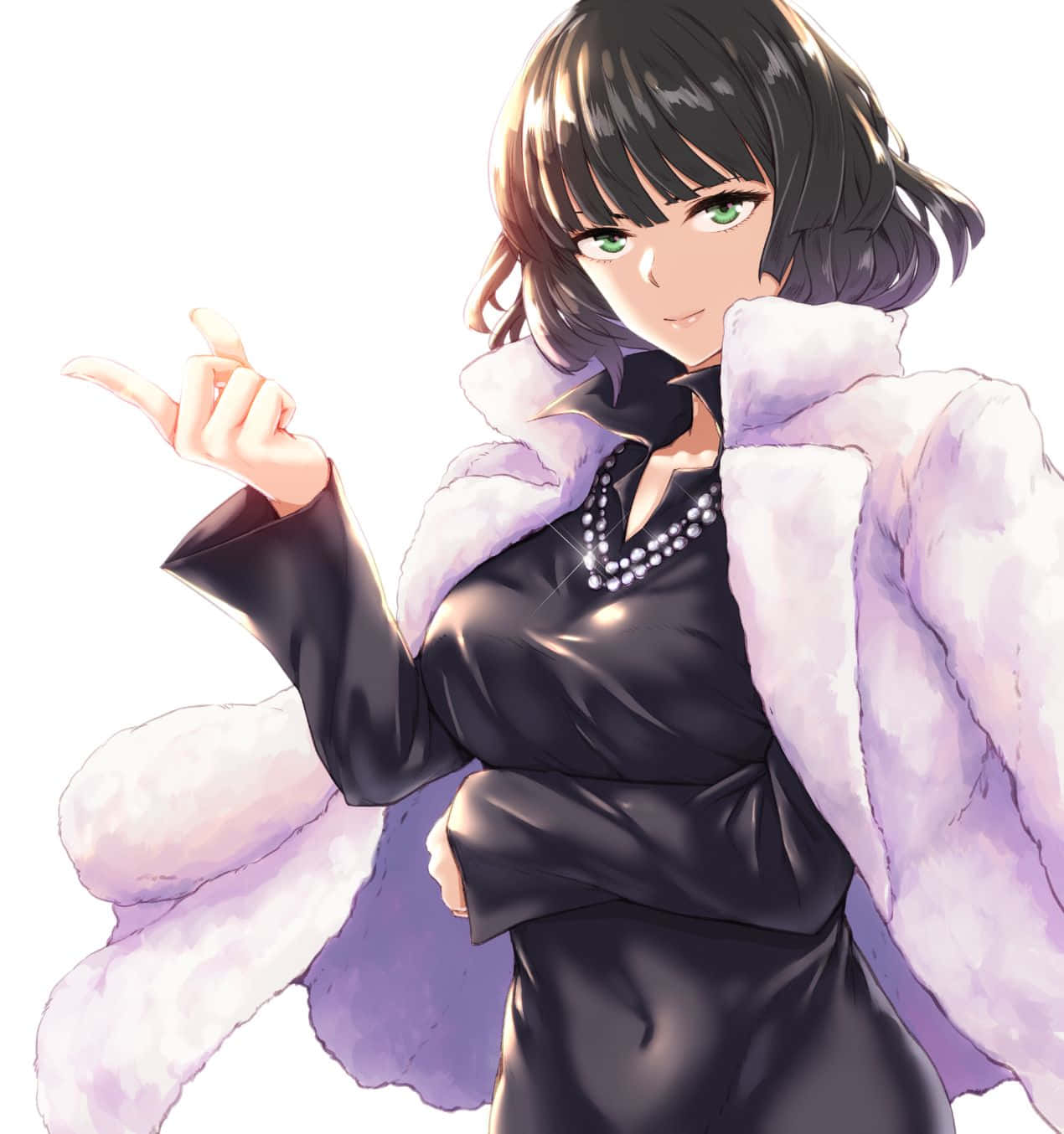 Hellish Blizzard 桌布 壁紙 — 一個自信的動漫女孩，綠色眼睛，短黑髮，穿著黑色連衣裙和蓬鬆的薰衣草外套，頑皮地指著。