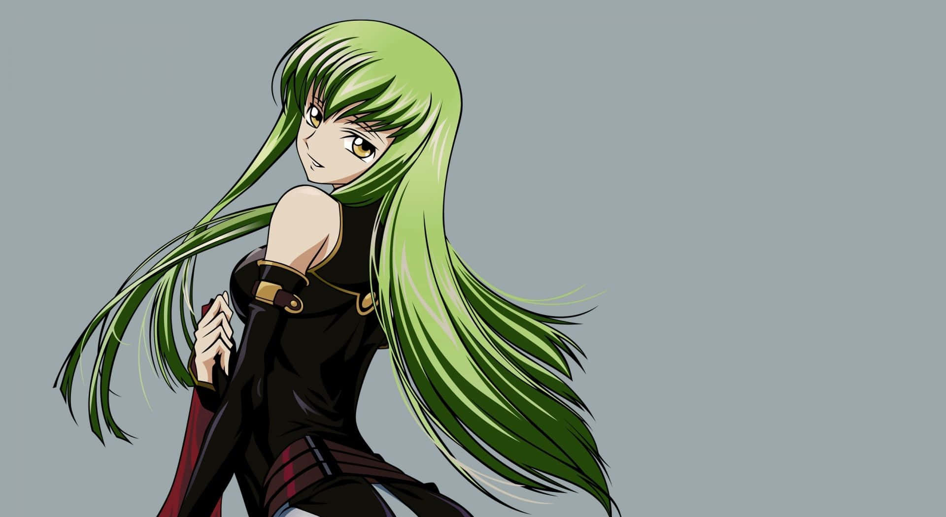 Code Geass C.c. 桌布 壁紙 — 一個自信的動漫女孩，長著飄逸的綠色長髮和金色眼睛，穿著黑色服裝，在純灰色背景前擺姿勢。