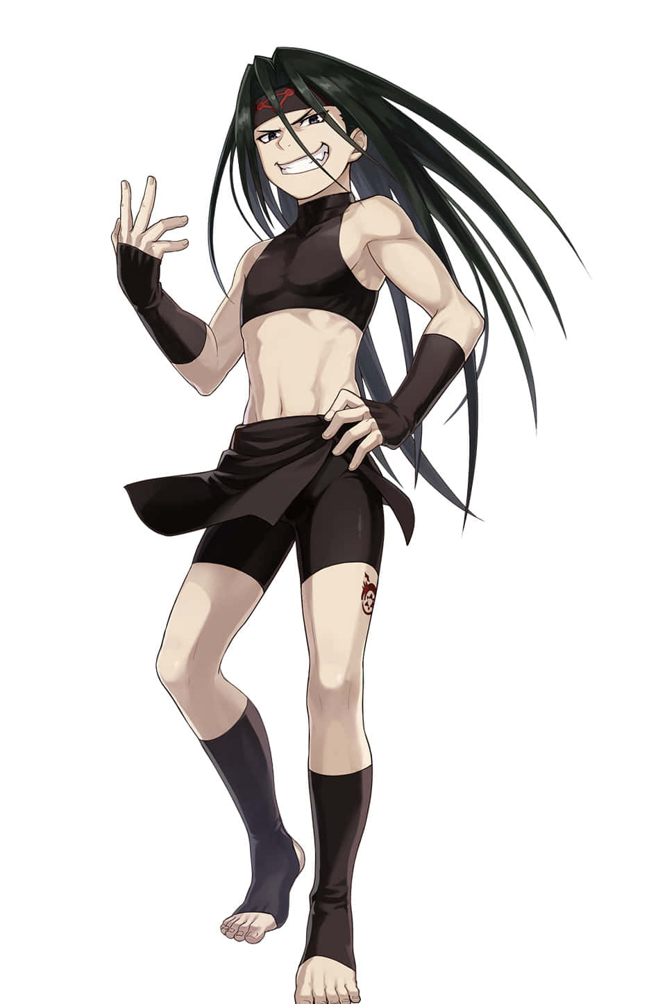 Fullmetal Alchemist Envy 桌布 壁紙 — 一個自信的動漫女孩，長長的黑髮和紅色頭帶，穿著黑色忍者風格服裝擺出俏皮的姿勢。