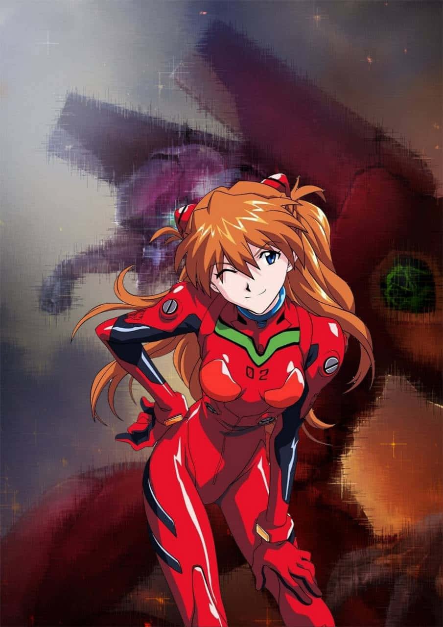 Asuka Langley Soryu 桌布 壁紙 — 一個自信的動漫女孩穿著紅色飛行員服，在閃爍星星和黑暗星雲的宇宙背景下擺好姿勢。