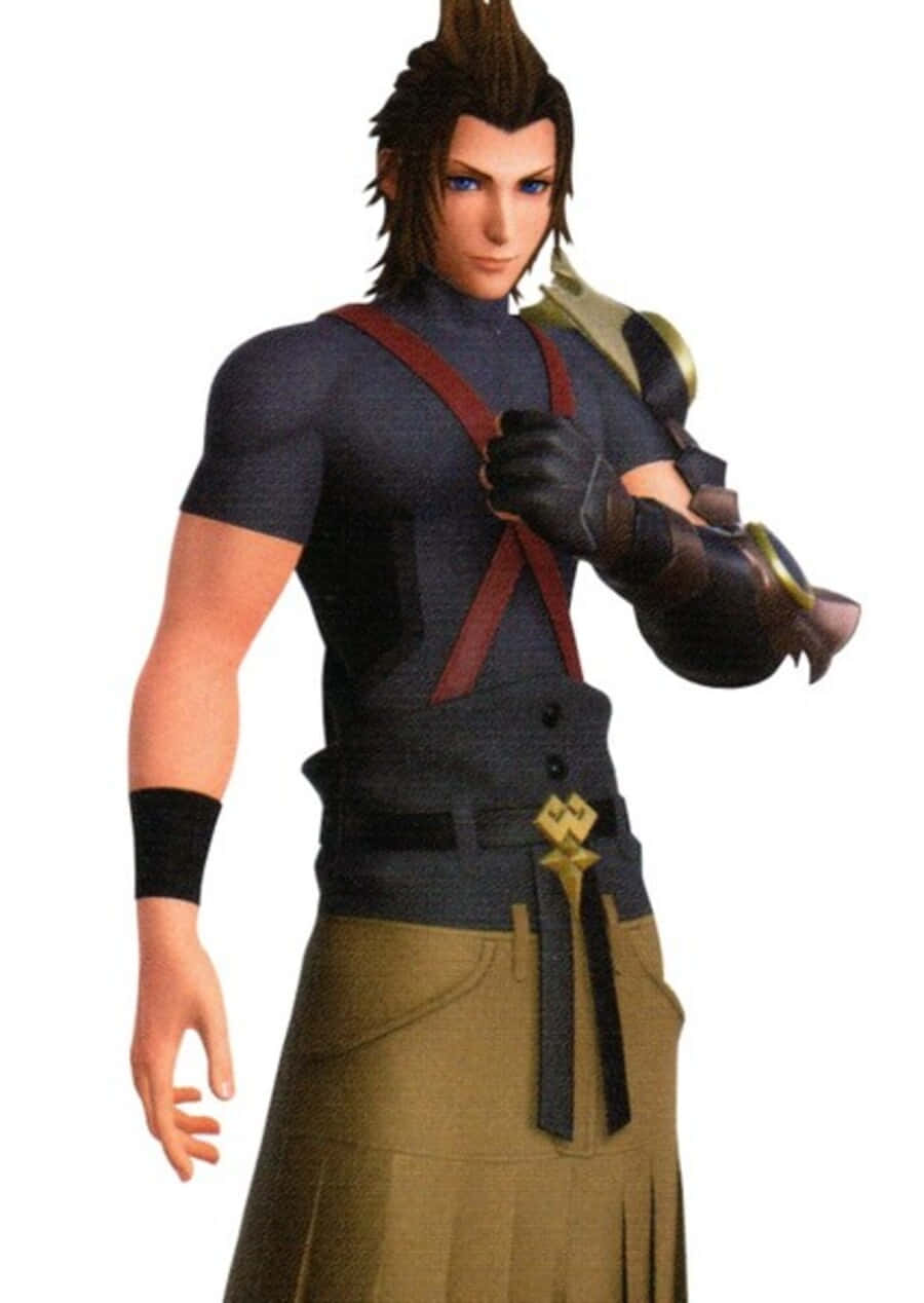 Kingdom Hearts Terra 桌布 壁紙 — 一個自信的動漫戰士，擁有尖刺的棕色頭髮和藍色眼睛，穿著深色盔甲和棕褐色裙子，擺出動態姿勢。