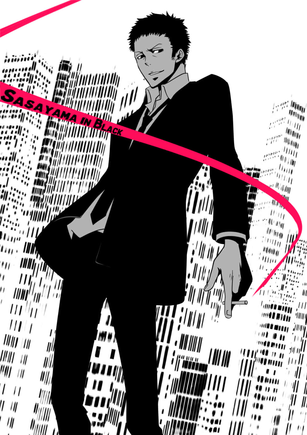 Mitsuru Sasayama 桌布 壁紙 — 一個自信的動漫男人穿著黑色西裝，在一個帶有醒目粉紅色條紋的風格化城市景觀中抽煙。