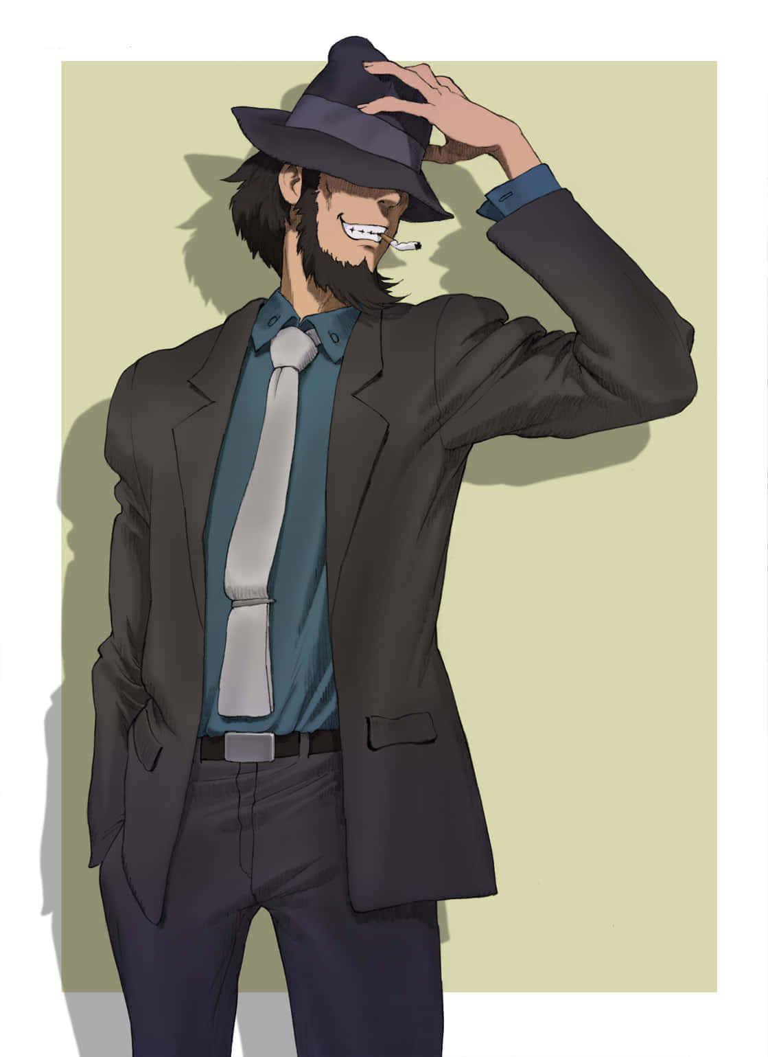 Lupin Iii Daisuke Jigen 桌布 壁紙 — 一個自信的動漫男子，身穿深色西裝和軟呢帽，嘴裡叼著香煙微笑著調整帽子，背景是純米色。