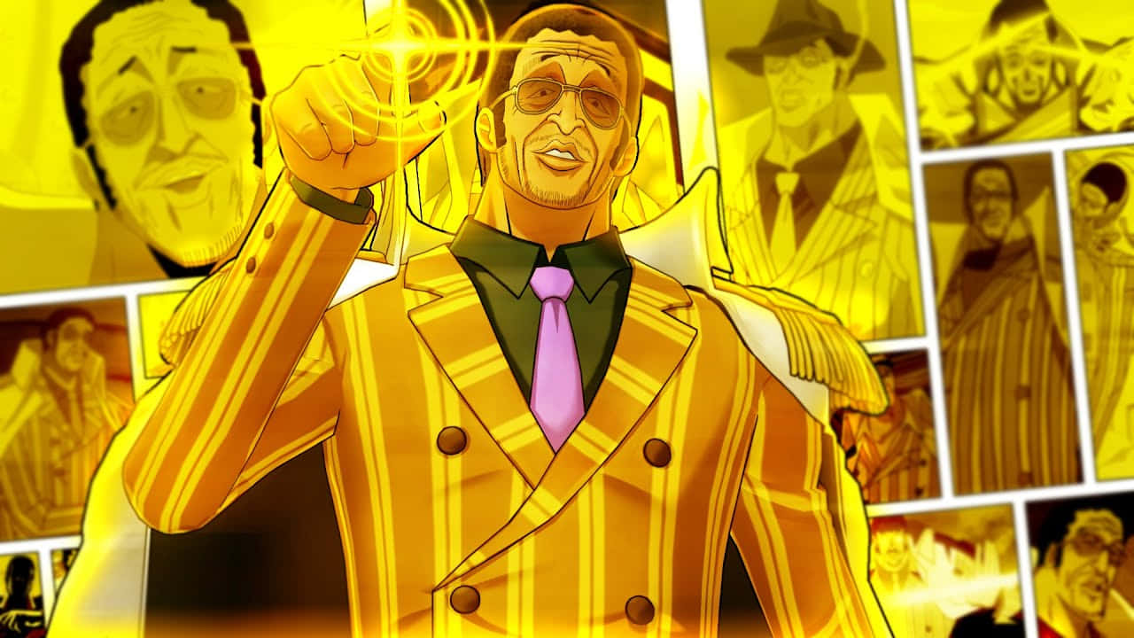 Kizaru 桌布 壁紙 — 一個自信的動漫男子，身穿黃色條紋西裝和粉紅色領帶，在漫畫面板背景中舉起拳頭。