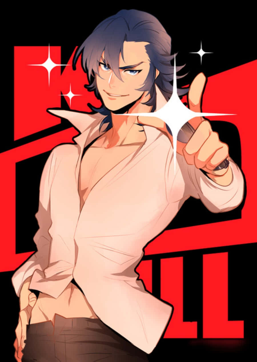 Aikuro Mikisugi 桌布 壁紙 — 一個自信的動漫男子，黑髮藍眼，在鮮明的紅黑背景前帶著冷笑向前指。