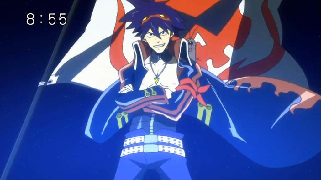 Gurren Lagann Simon 桌布 壁紙 — 一個自信的動漫男孩，紫色尖刺頭髮，藍色斗篷，站在黑暗的星空下，手持旗幟。