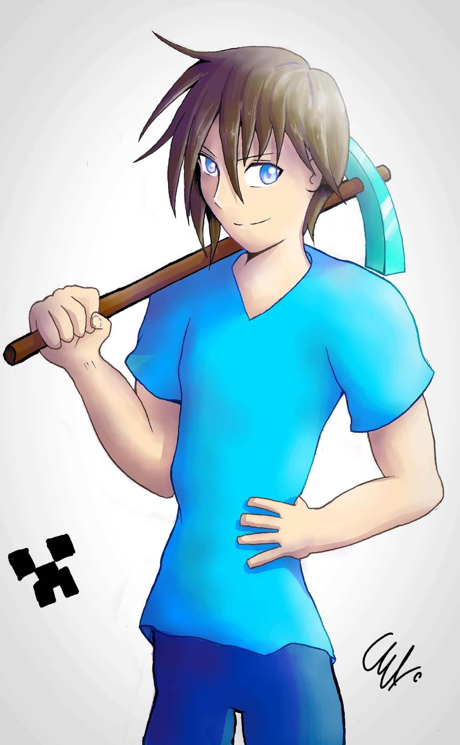 Minecraft Phone 桌布 壁紙 — 一個自信的動漫男孩，藍眼睛，棕色頭髮，在純白色背景上將發光的鎬扛在肩上。