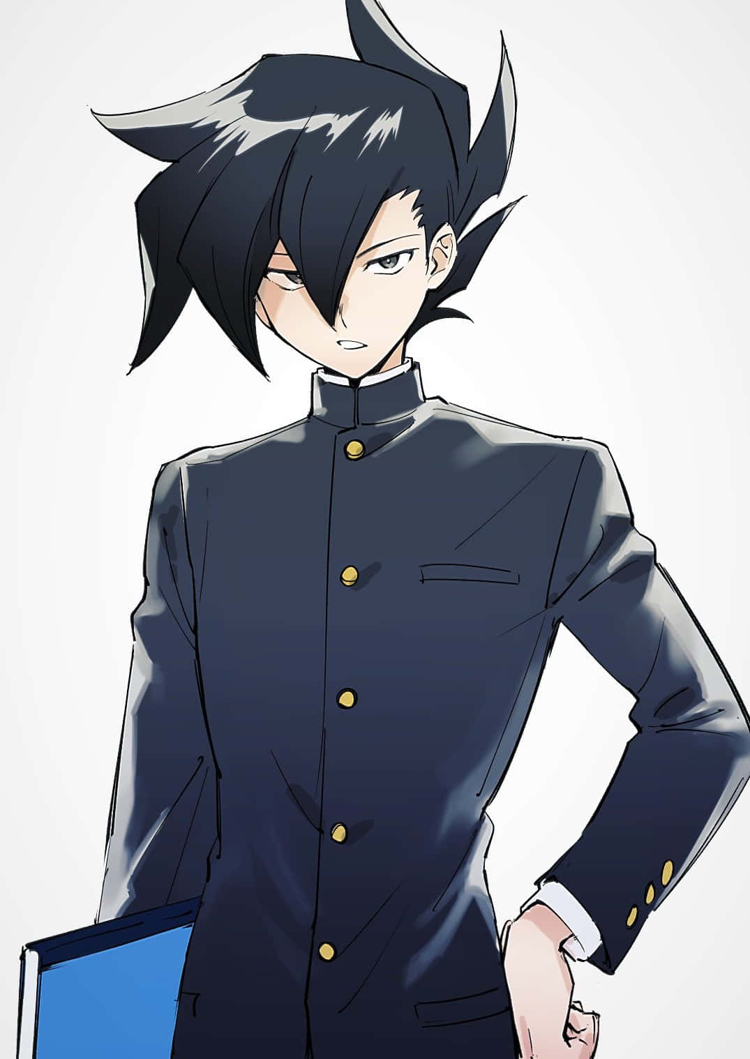 Chazz Princeton 桌布 壁紙 — 一個自信的動漫男孩，黑色刺蝟頭，眼神銳利，身穿深色校服，手持藍色文件夾。