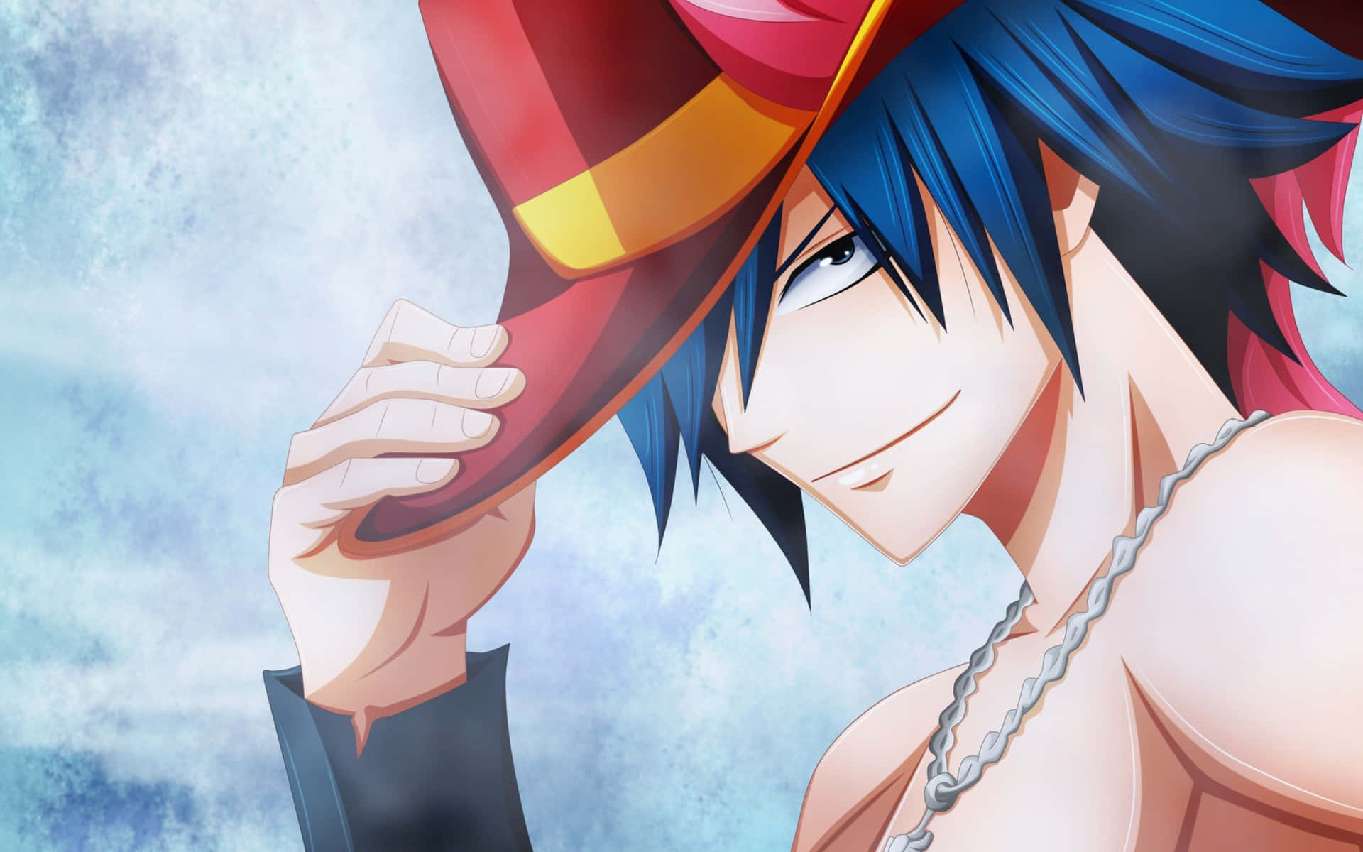 Gray Fullbuster 桌布 壁紙 — 一個自信的動漫男性，藍色頭髮和紅色帽子，微笑著向多雲的天空傾斜帽子。