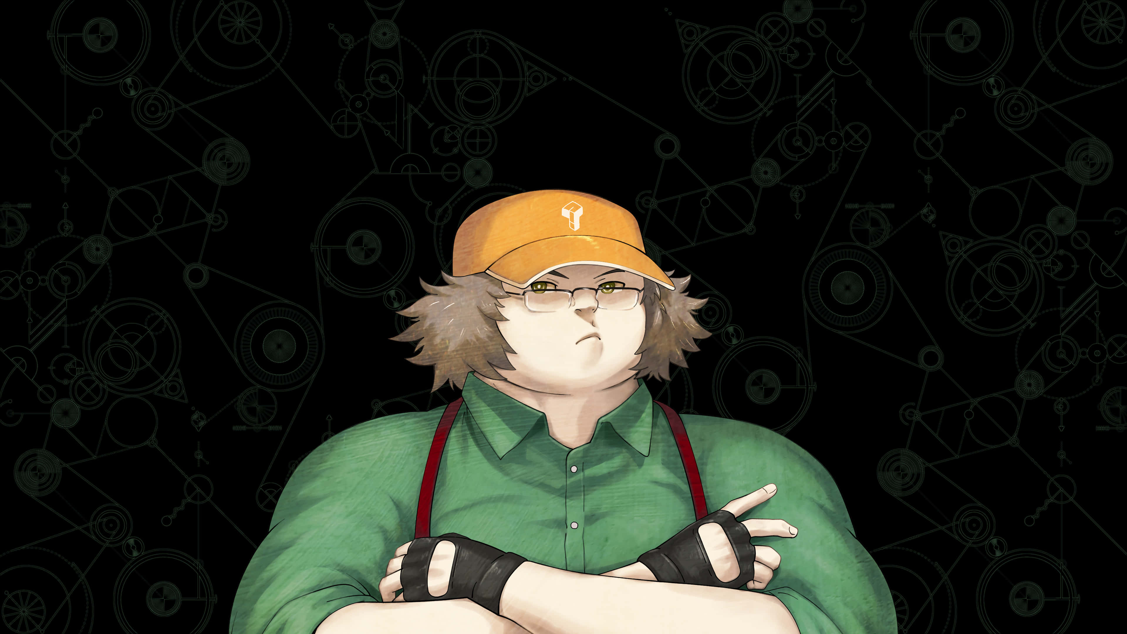 Itaru Hashida 桌布 壁紙 — 一個自信的動漫角色，戴著眼鏡和橙色帽子，雙臂交叉站在充滿機械圖紙的黑暗背景前。