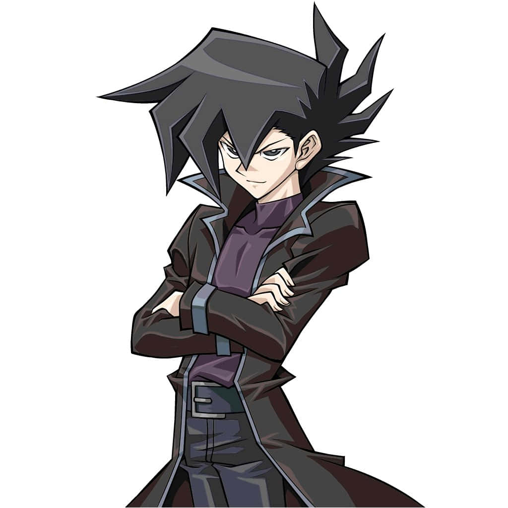 Chazz Princeton 桌布 壁紙 — 一個自信的動漫角色，擁有尖刺黑色頭髮，交叉雙臂，穿著深色外套，背景為白色。