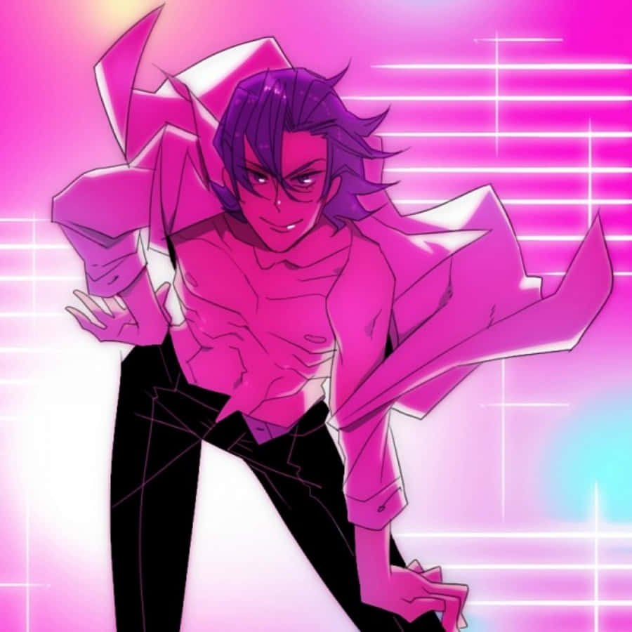 Aikuro Mikisugi 桌布 壁紙 — 一個自信的動漫角色，擁有紫色頭髮和粉紅色外套，在帶有網格線的發光霓虹粉紅色背景前擺姿勢。