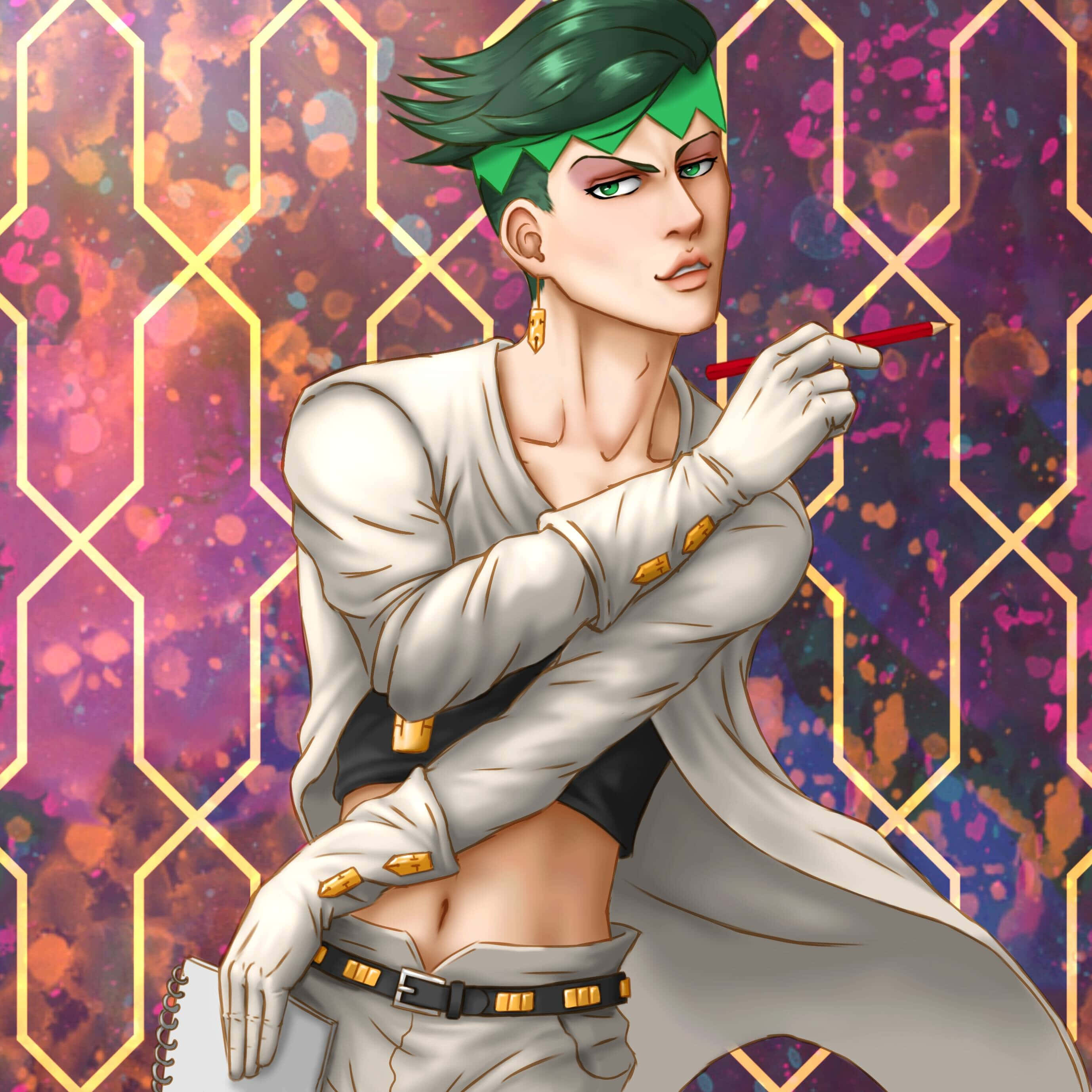 Rohan Kishibe 桌布 壁紙 — 一個自信的動漫角色，擁有綠色頭髮和金色飾品，在充滿活力的紫色和橙色幾何背景前擺姿勢。