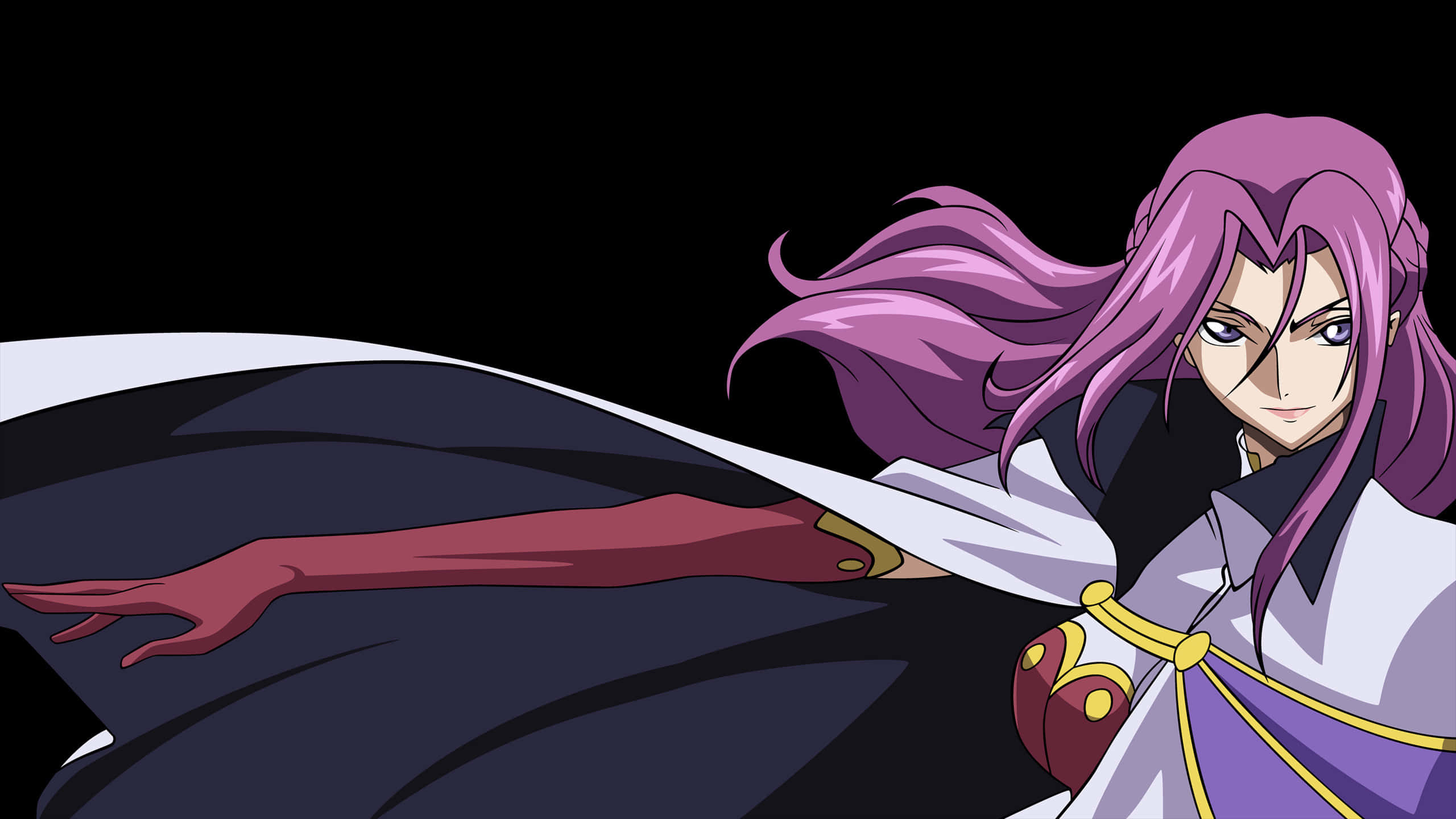 Cornelia Li Britannia 桌布 壁紙 — 一個自信的動漫角色，擁有飄逸的紫色頭髮和深色斗篷，在黑色背景前伸出手。