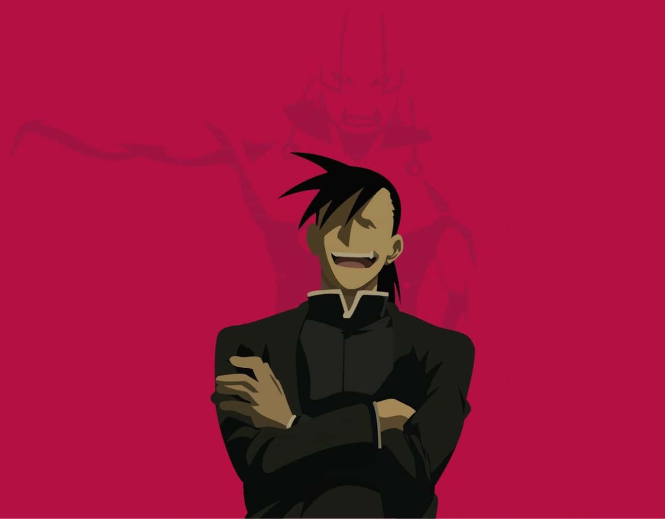 Ling Yao 桌布 壁紙 — 一個自信的動漫角色，有著刺蝟般的黑髮和交叉的手臂，在純洋紅色背景前微笑，身後有一個模糊的影子人物。