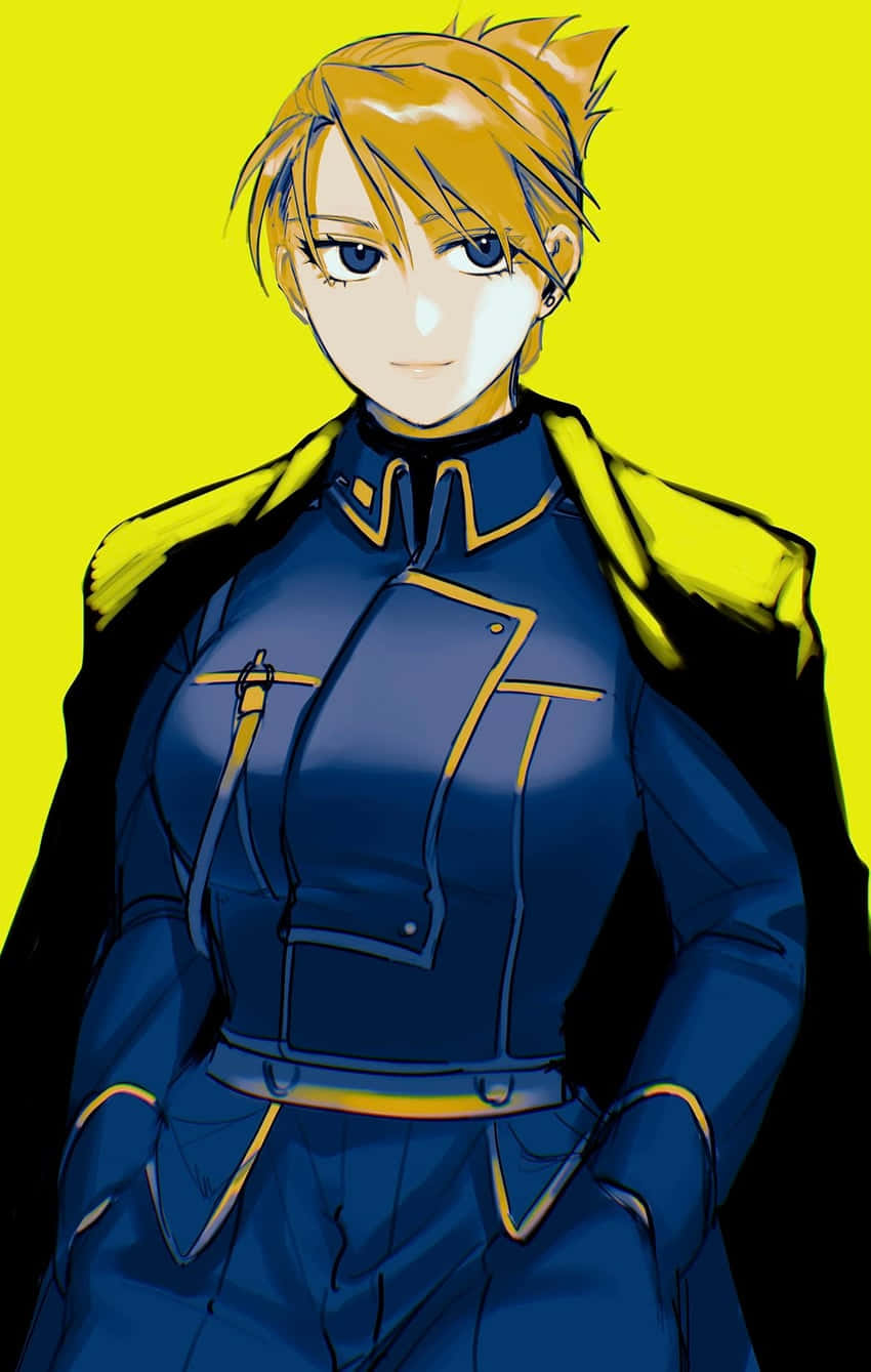 Riza Hawkeye 桌布 壁紙 — 一個自信的動漫角色，有著尖刺的金色頭髮和藍色眼睛，穿著藍黃色制服，背景是明亮的黃色。