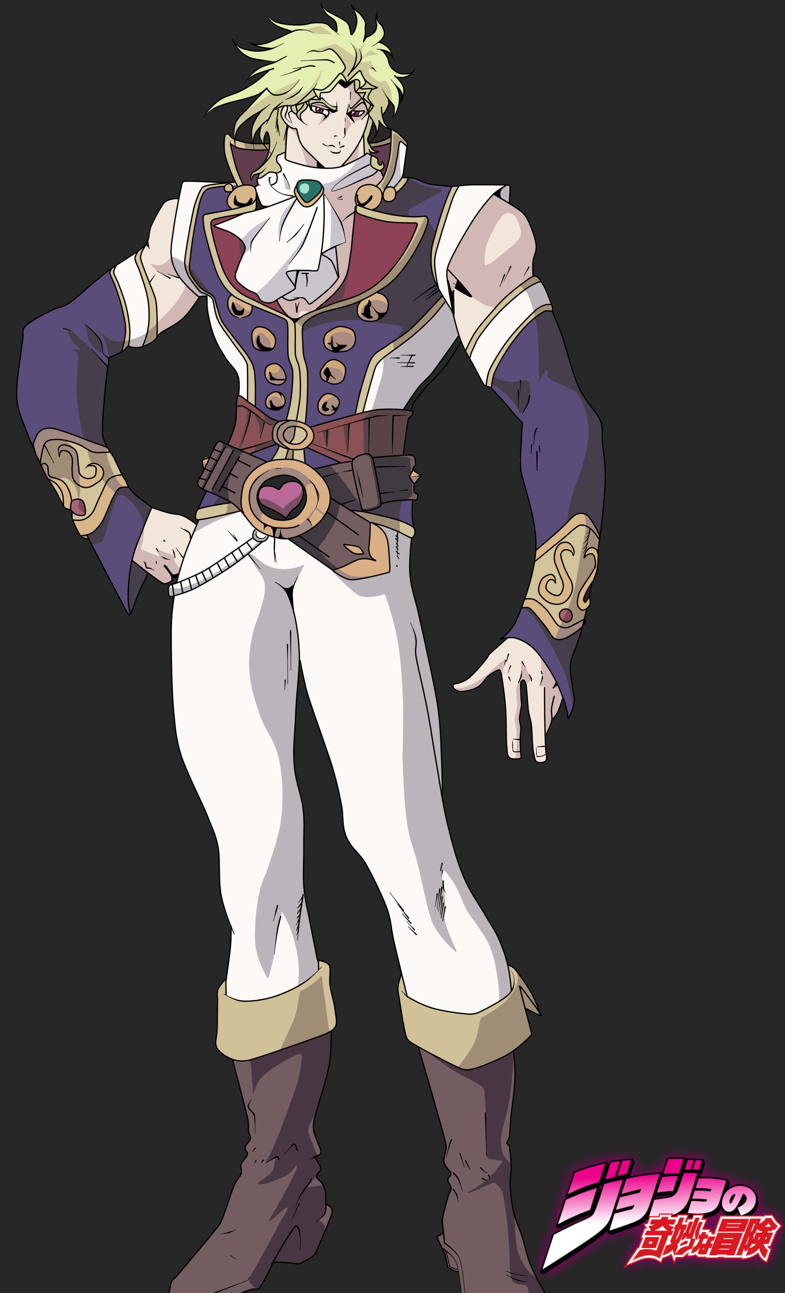 Phantom Blood 桌布 壁紙 — 一個自信的動漫角色，有著尖刺金髮和華麗的紫、白、金色服裝，站在深色背景前。