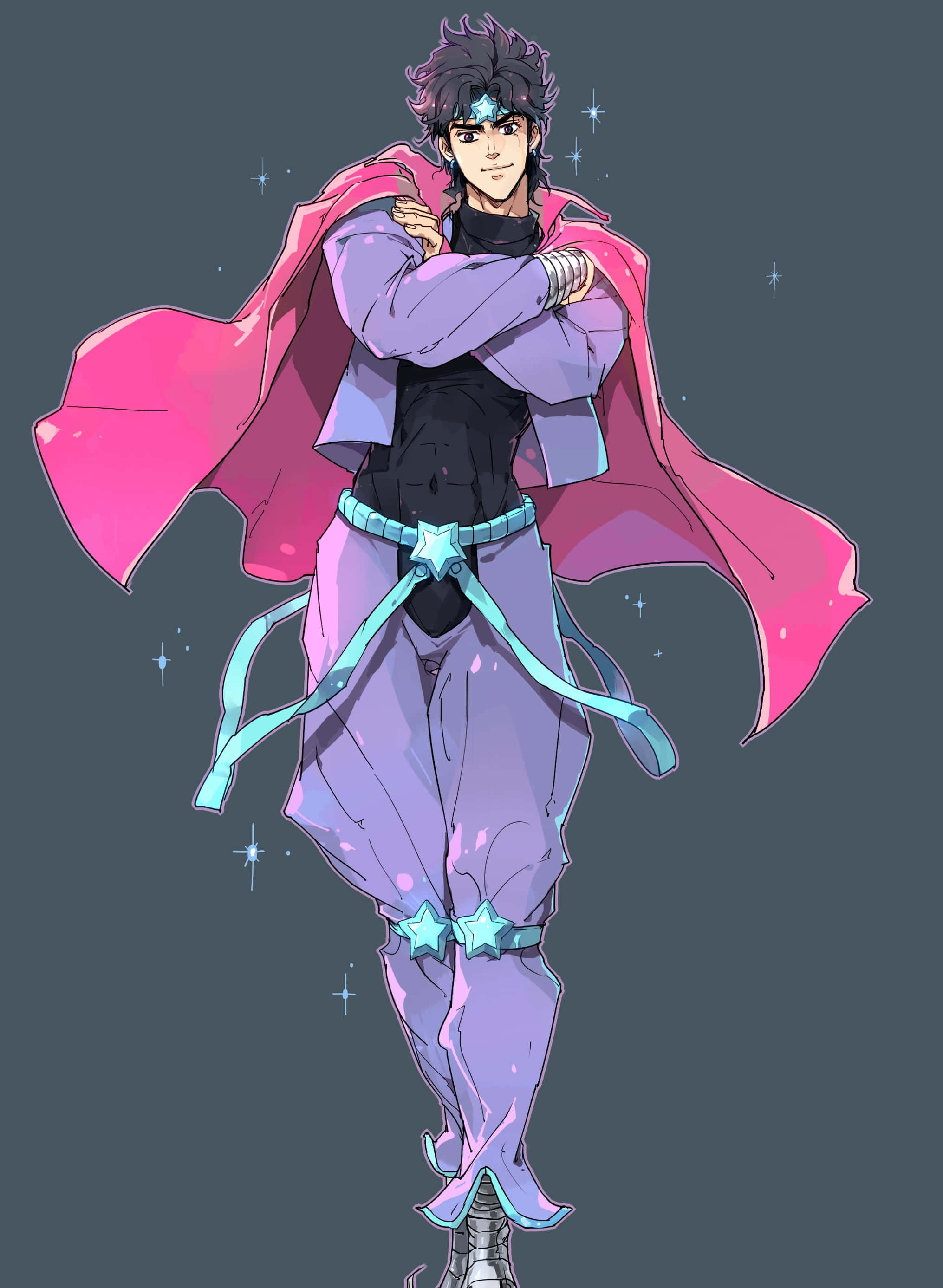 Phantom Blood 桌布 壁紙 — 一個自信的動漫角色，有著尖刺頭髮和飄逸的粉紅色斗篷，站在帶有閃爍星星的深灰色背景前。