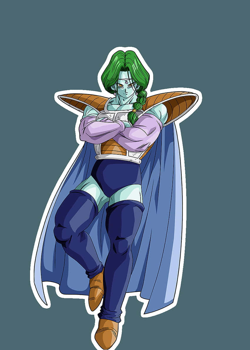 Zarbon 桌布 壁紙 — 一個自信的動漫角色，綠色頭髮和藍色斗篷，雙臂交叉，站在柔和的青綠色背景前。