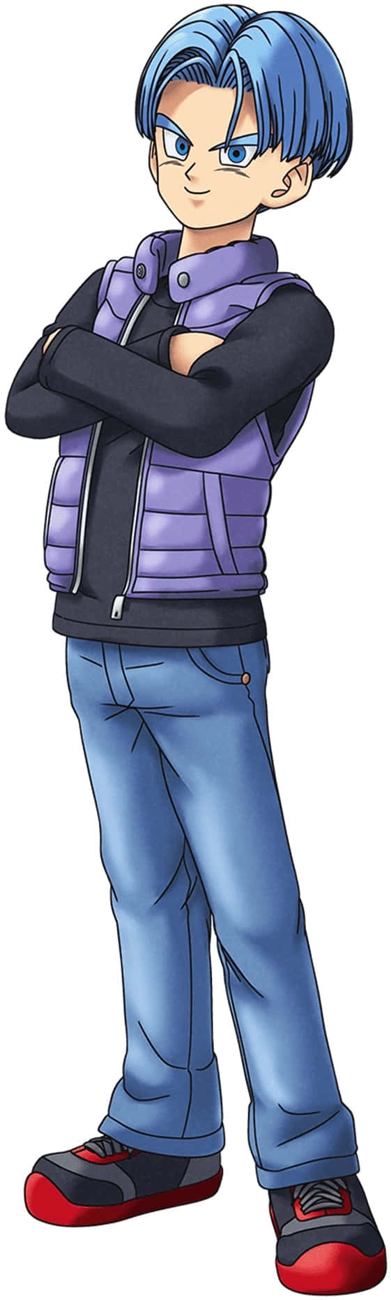Vegeta's Family 桌布 壁紙 — 一個自信的動漫角色，藍色頭髮，穿著紫色背心，雙臂交叉，站在純白色背景前。