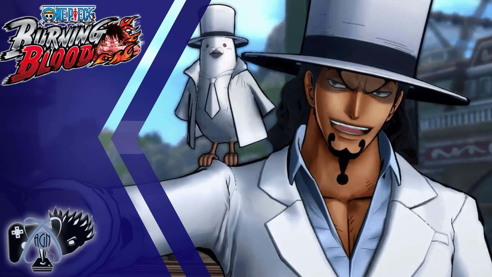 Rob Lucci 桌布 壁紙 — 一個自信的動漫角色，身穿白色西裝和高帽，旁邊有一隻穿著相配服裝的小鳥，背景是遊戲標誌。
