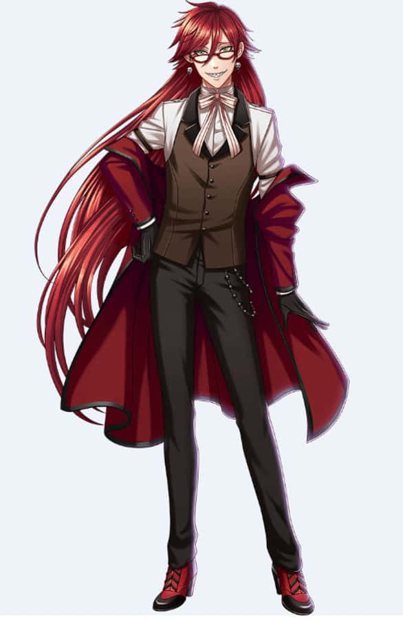 Grell Sutcliff 桌布 壁紙 — 一個自信的動漫角色，長長嘅紅頭髮同眼鏡，著住紅色外套，入面係啡色背心同黑色褲。