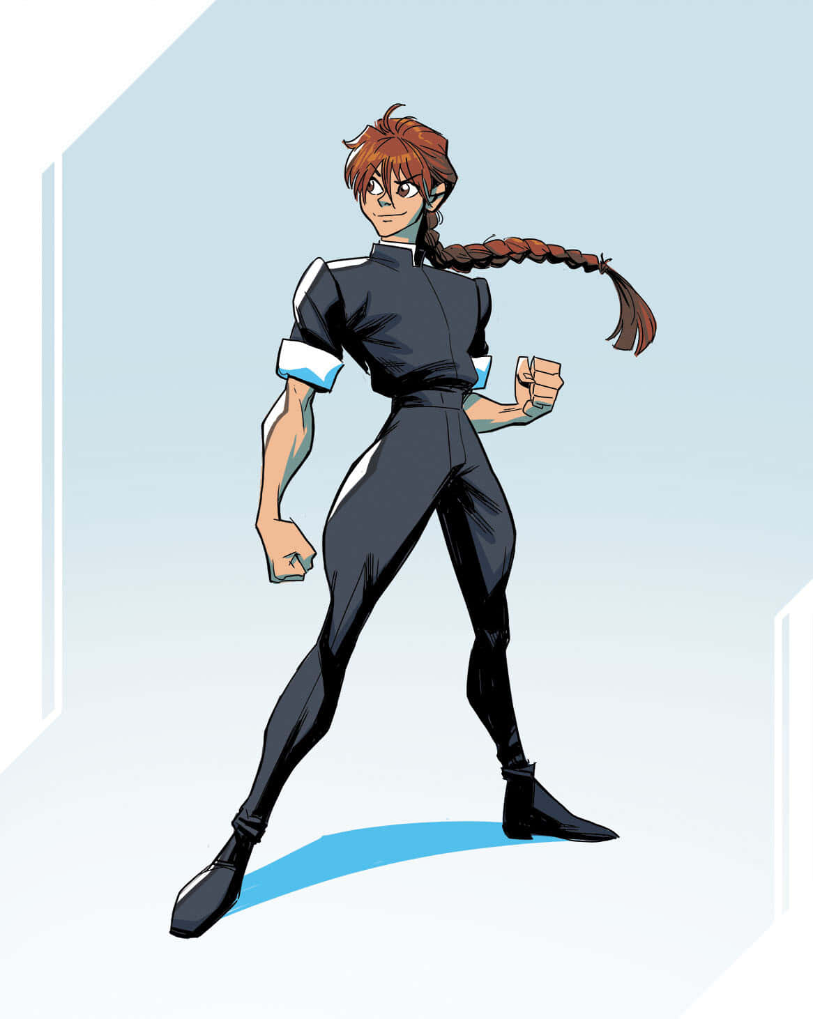 Duo Maxwell 桌布 壁紙 — 一個自信的動漫角色，長長的紅色辮子和黑色運動服，在極簡的淺藍色背景下擺出動態的戰鬥姿勢。