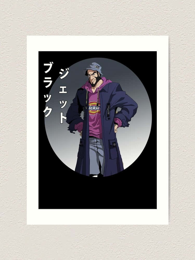 Cowboy Bebop Jet Black 桌布 壁紙 — 一個自信的動漫角色穿著紫色外套和帽子，站在圓形聚光燈前，旁邊有日文字。
